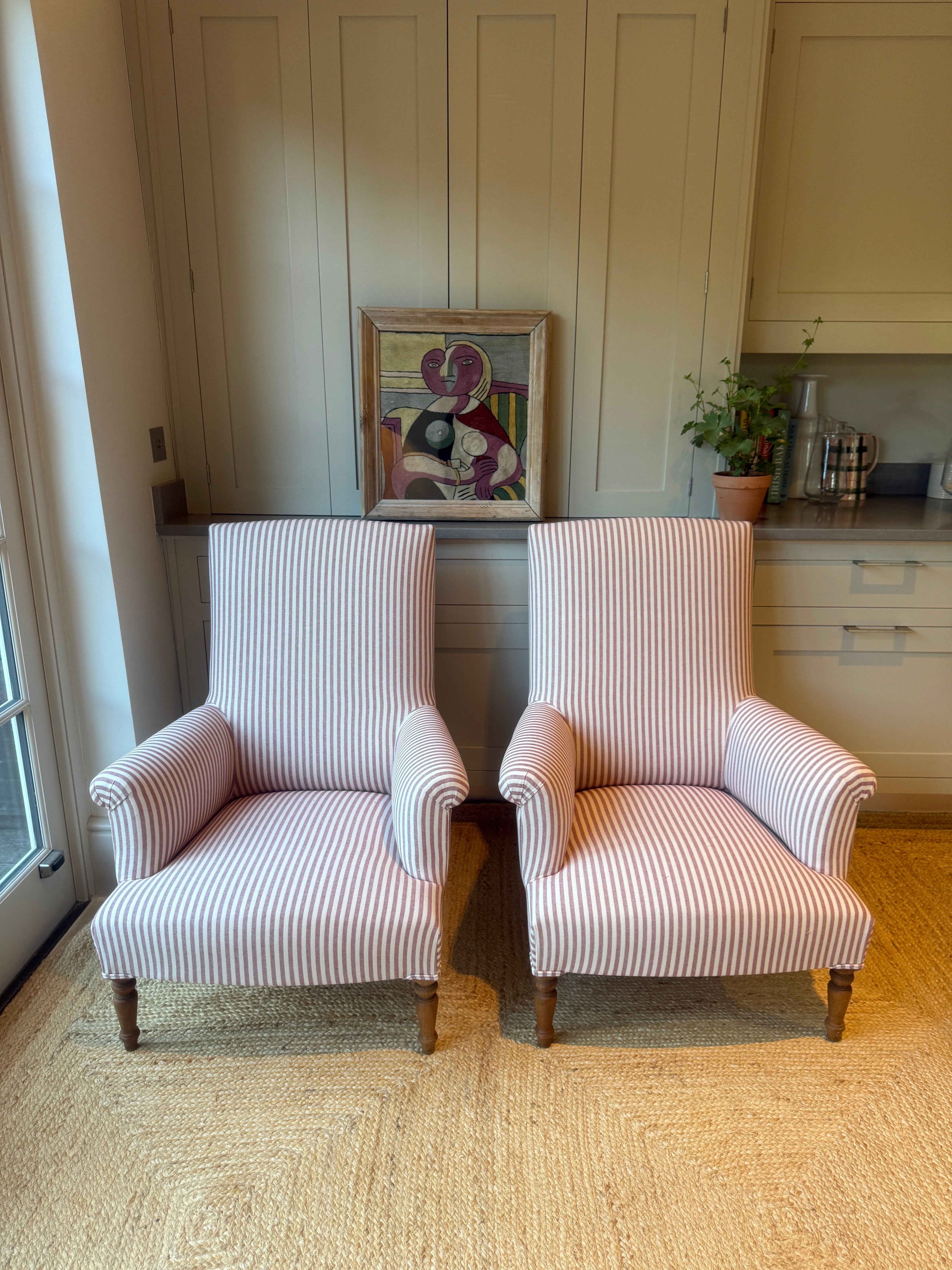 Large Pair of French Armchairs in red and white ticking