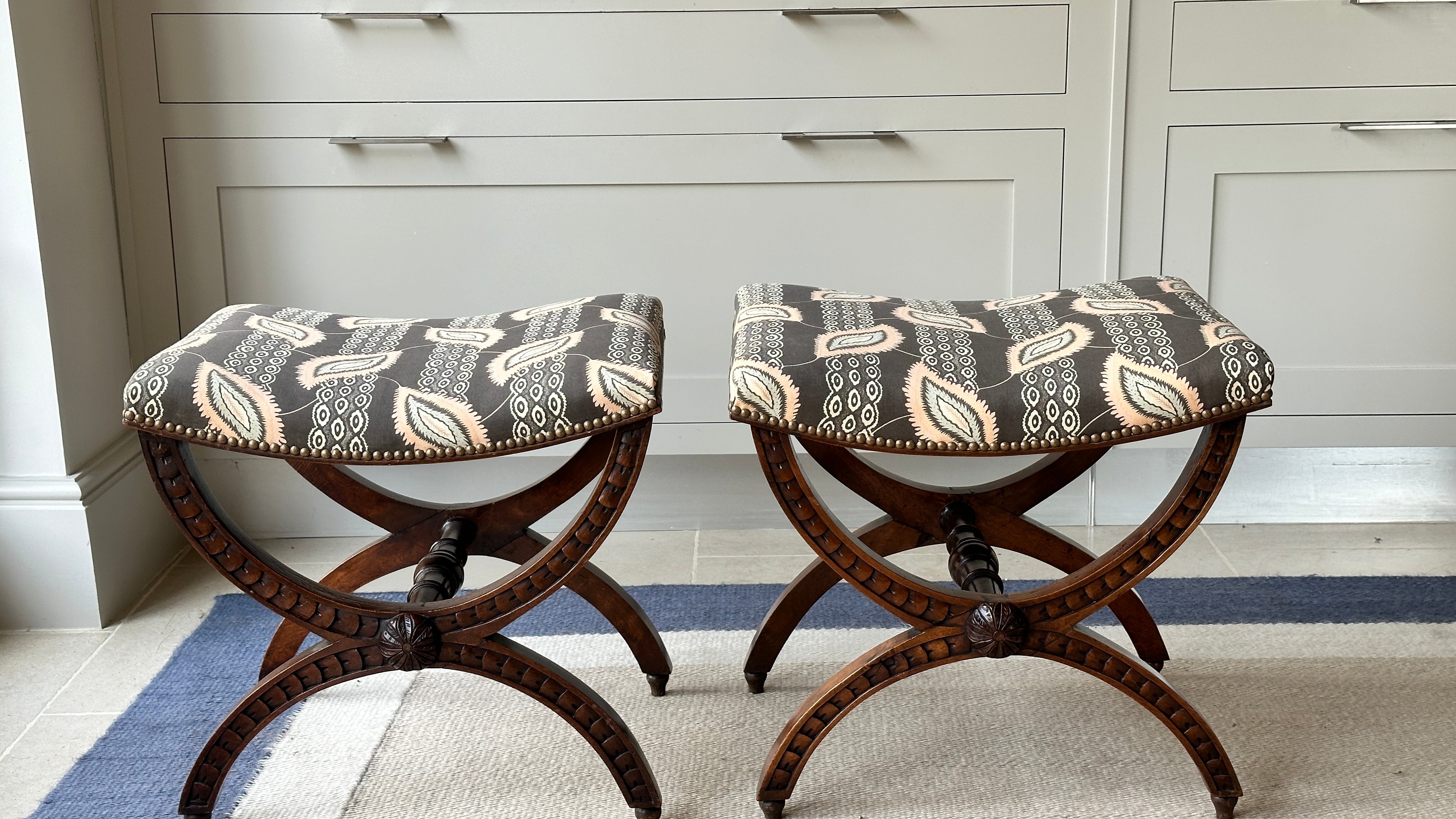 Pair of English X Frame Footstools in John Stefanidis Josephine
