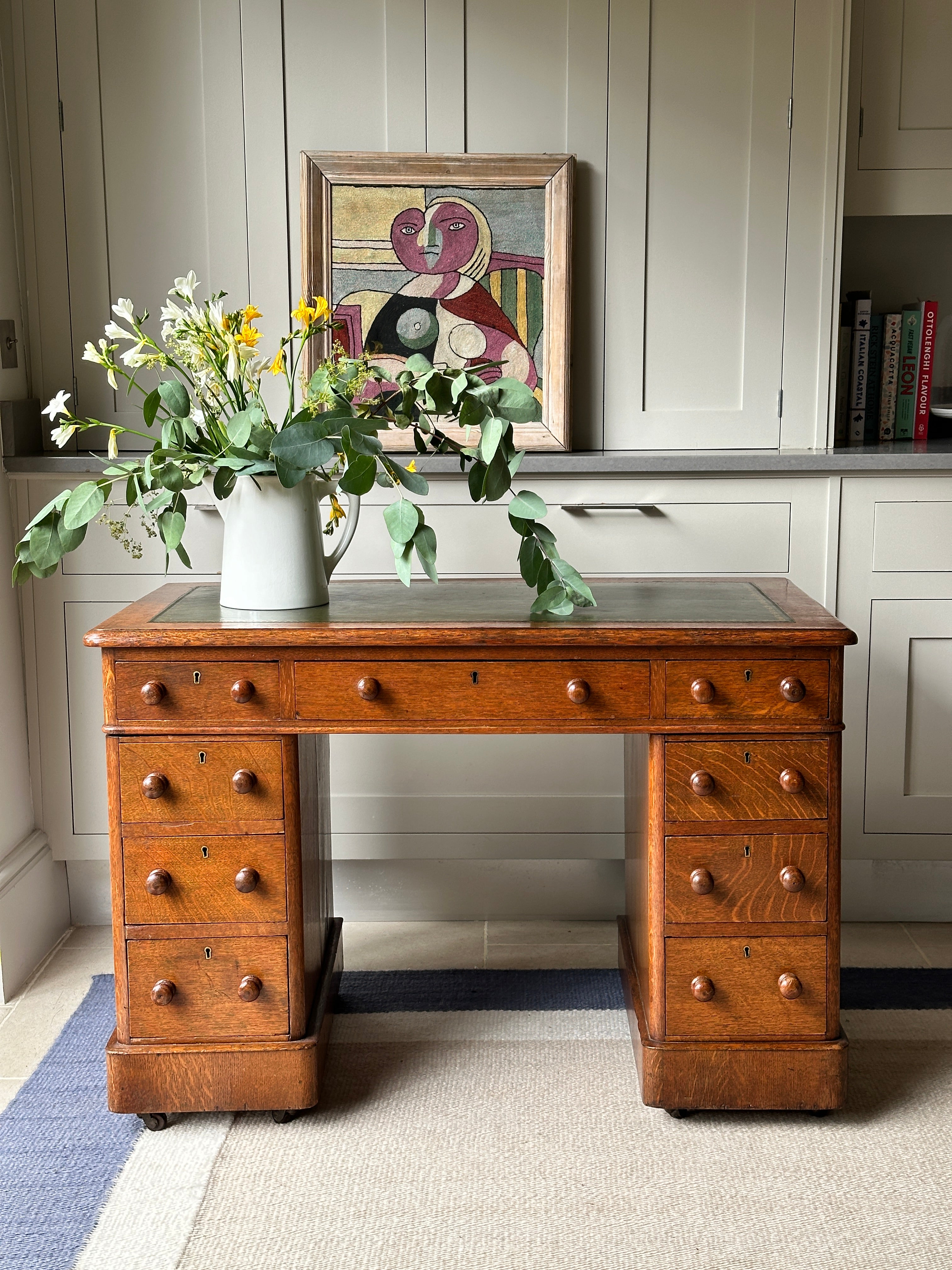 Charming Small Oak Desk with Green Leather Top