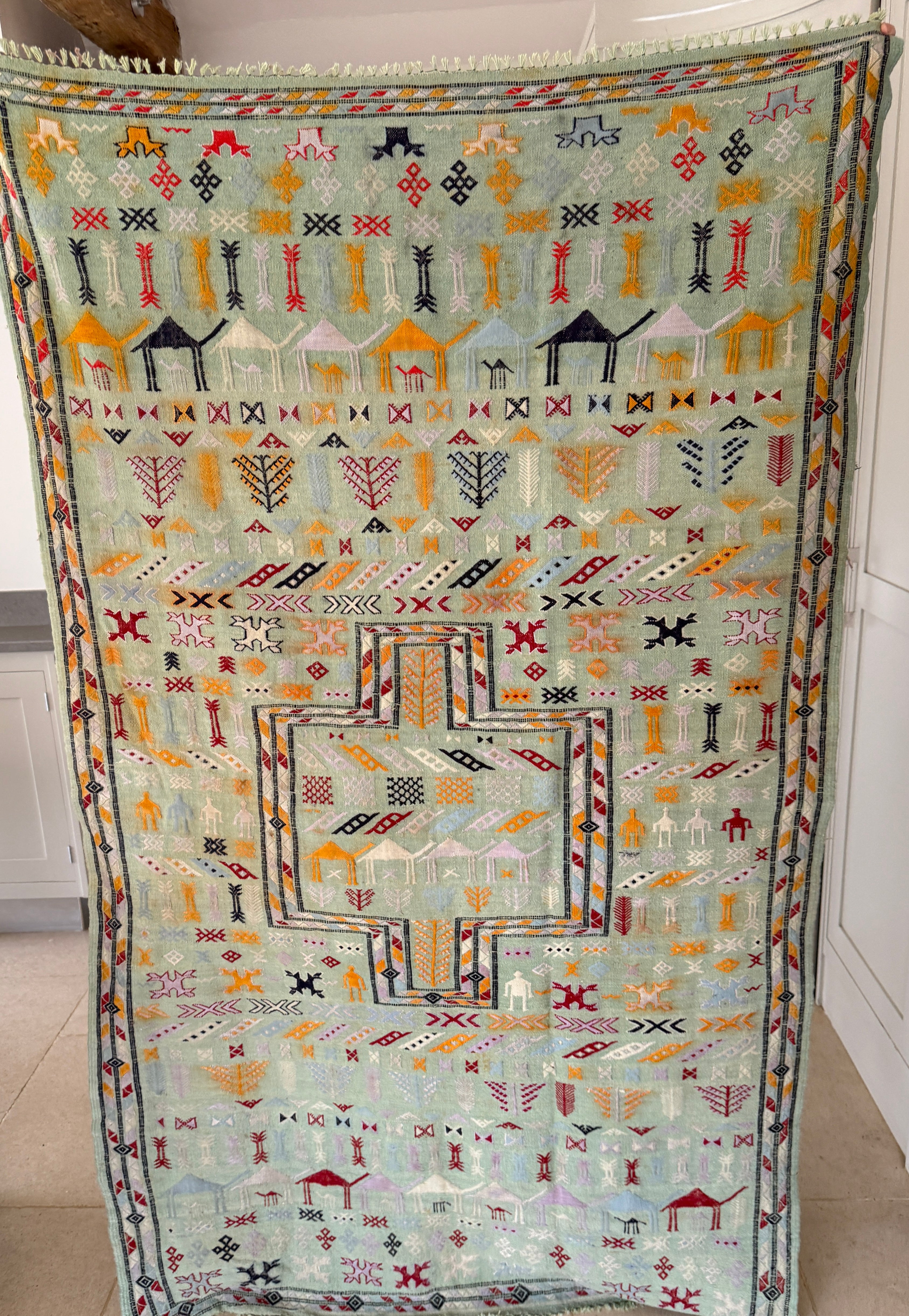 Vintage Pale Blue Moroccan Kilim with polychrome motifs