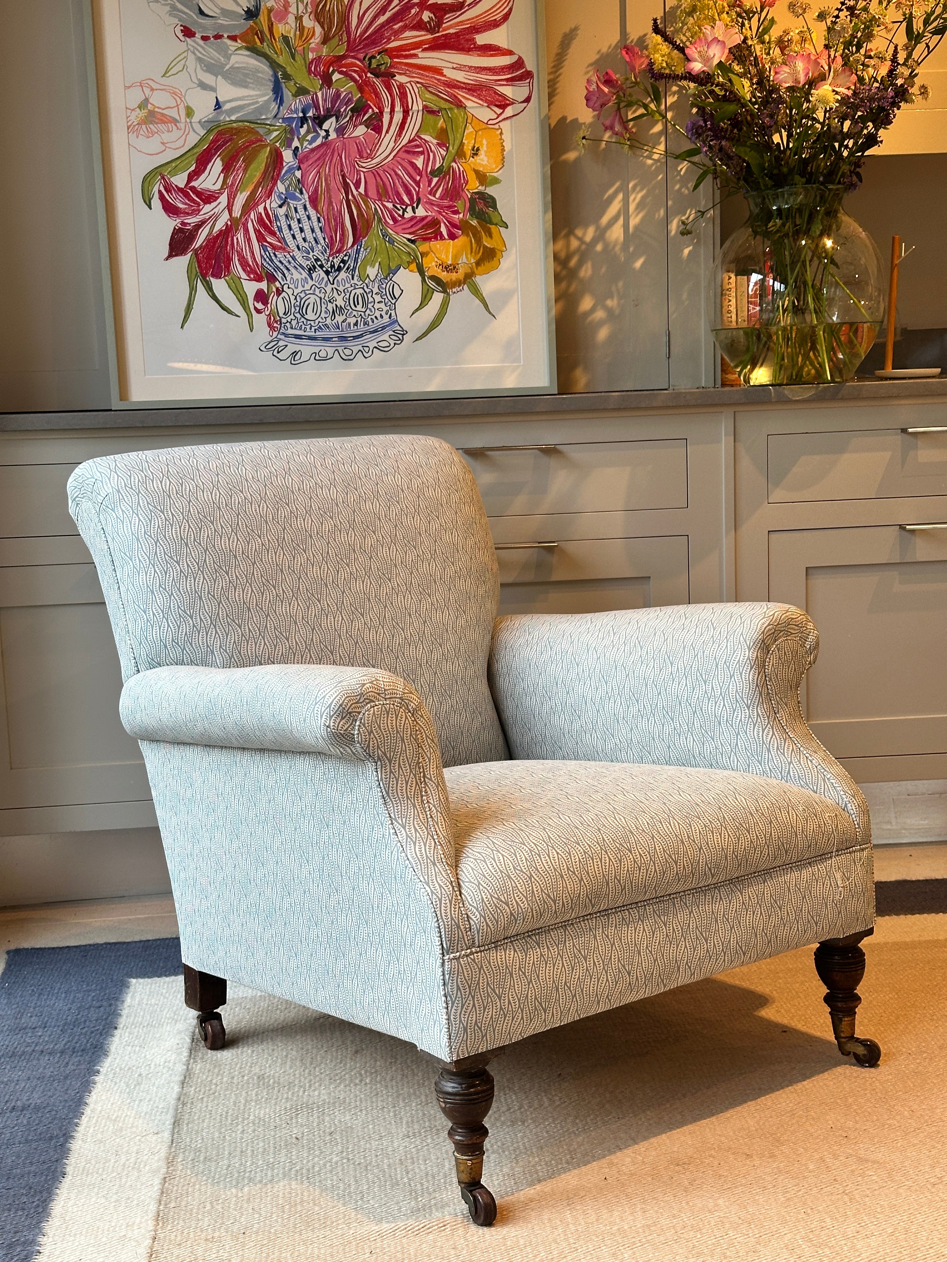 Large English 19th Century Armchair in Bennison Benjelloun Teal on Oyster