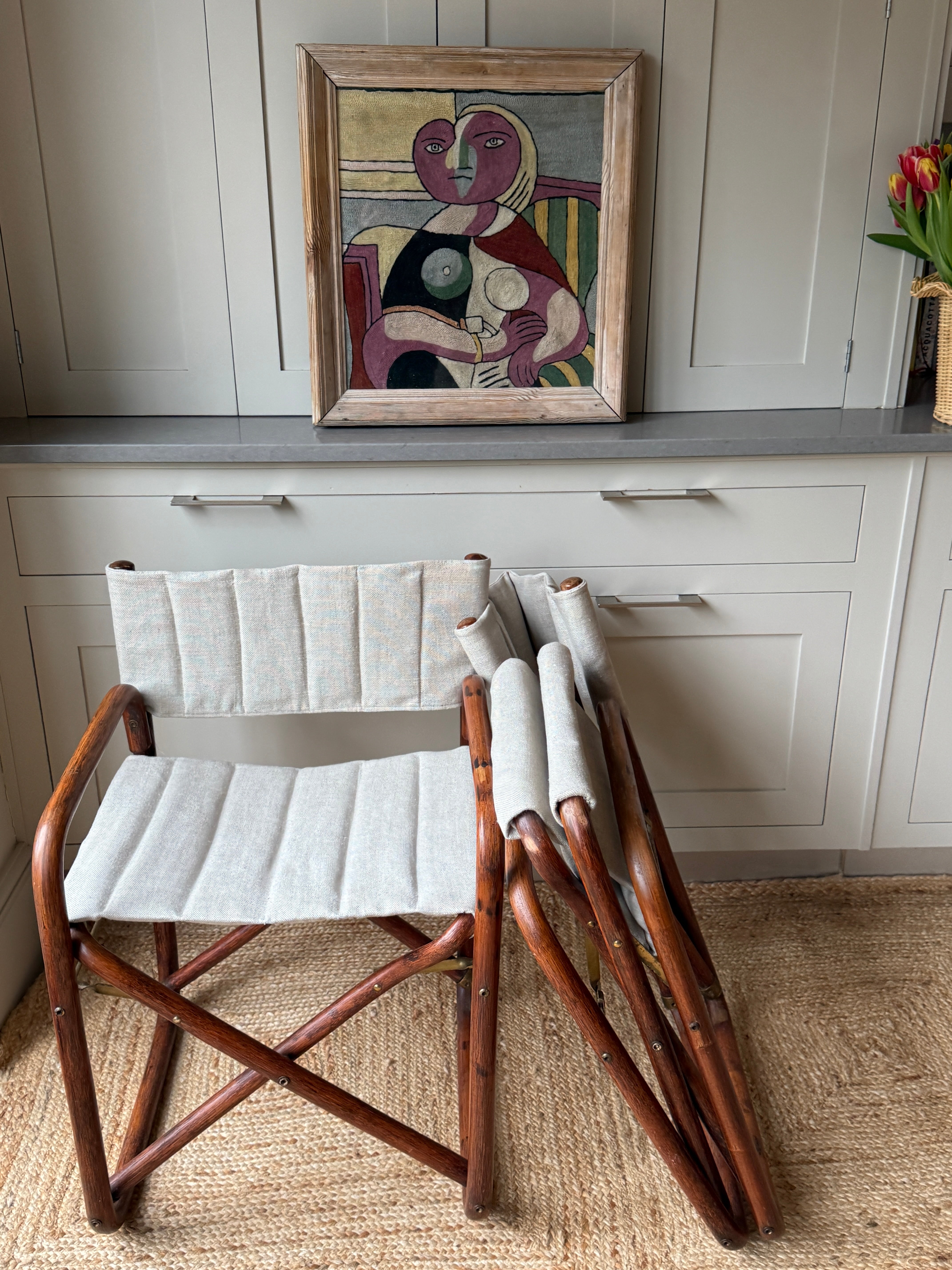 Pair of Italian Rattan and Brass Foldable Campaign Chairs