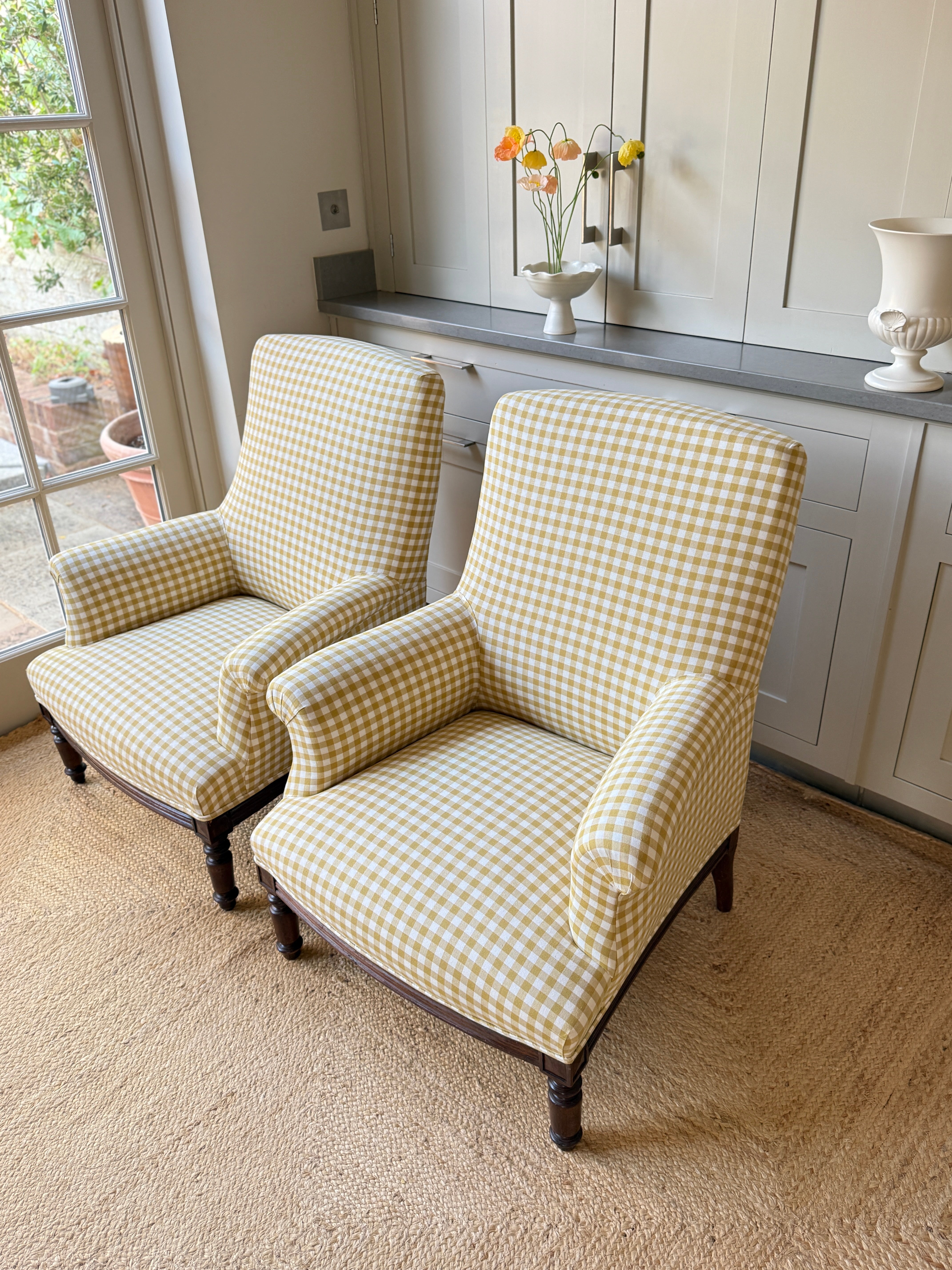 A Pair of Napoleon III Armchairs, Reupholstered in Yellow Gingham