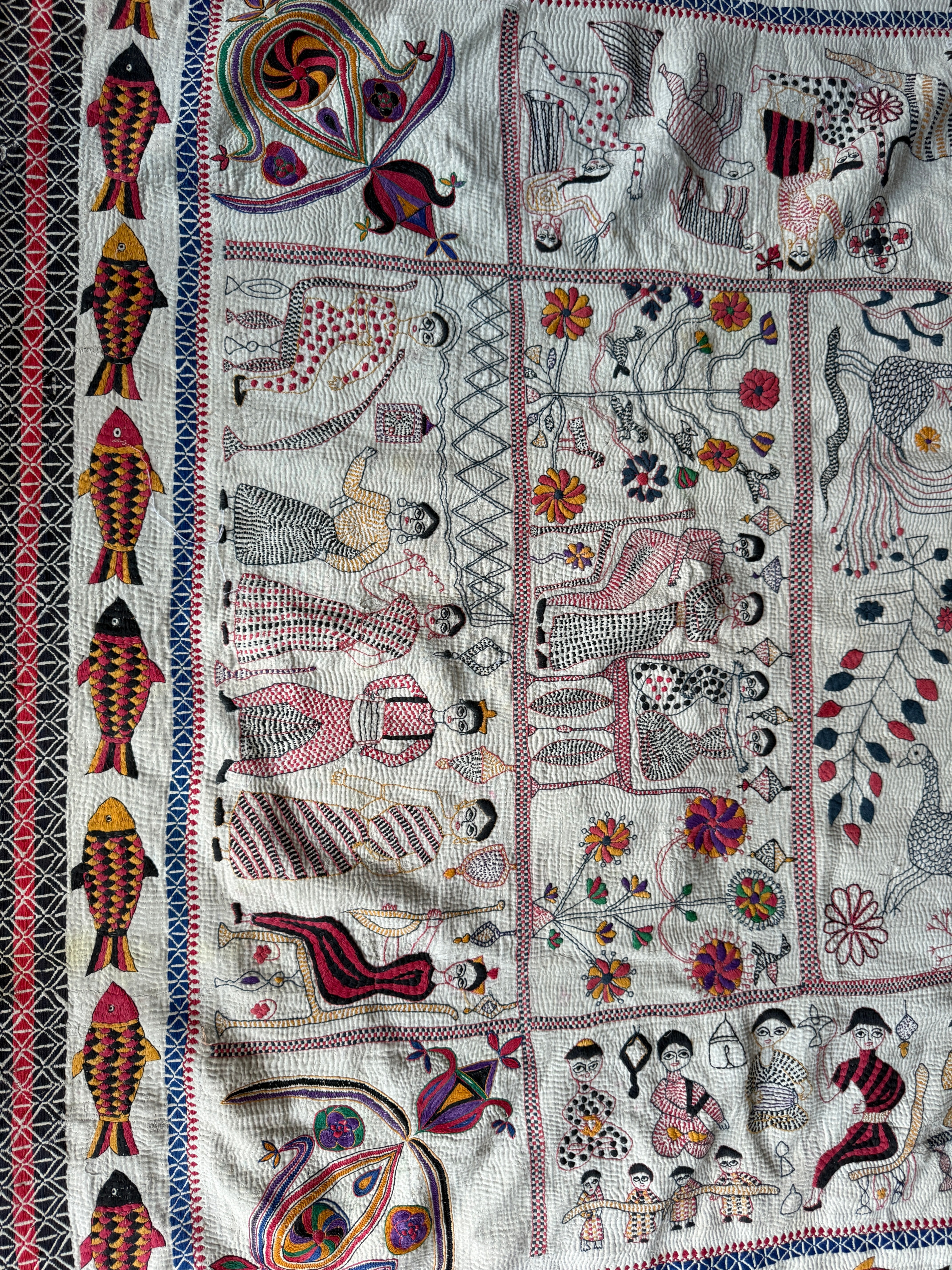 Rare Bengali Nakshi Kantha with Fish Border c late 19th Century