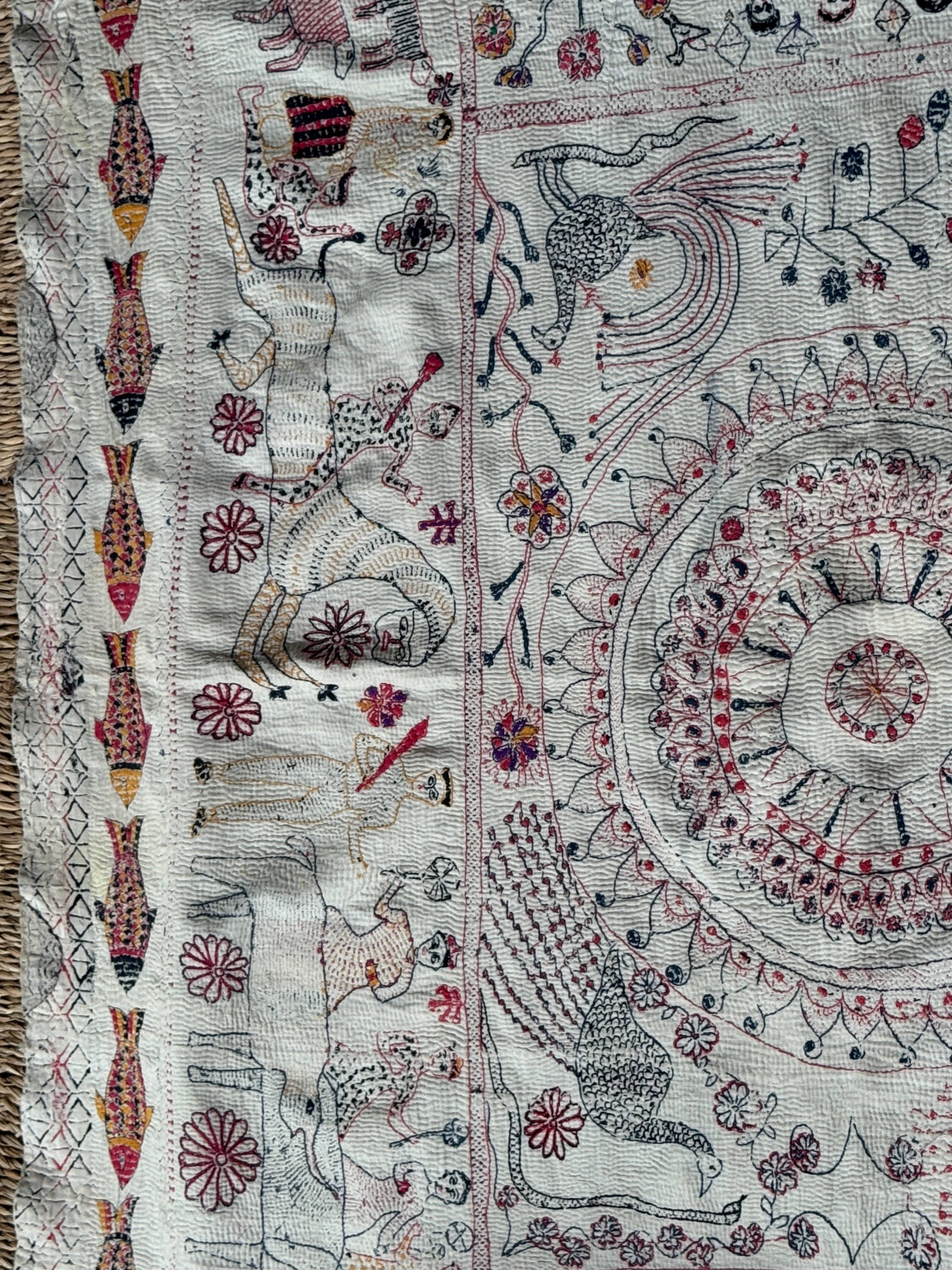 Rare Bengali Nakshi Kantha with Fish Border c late 19th Century