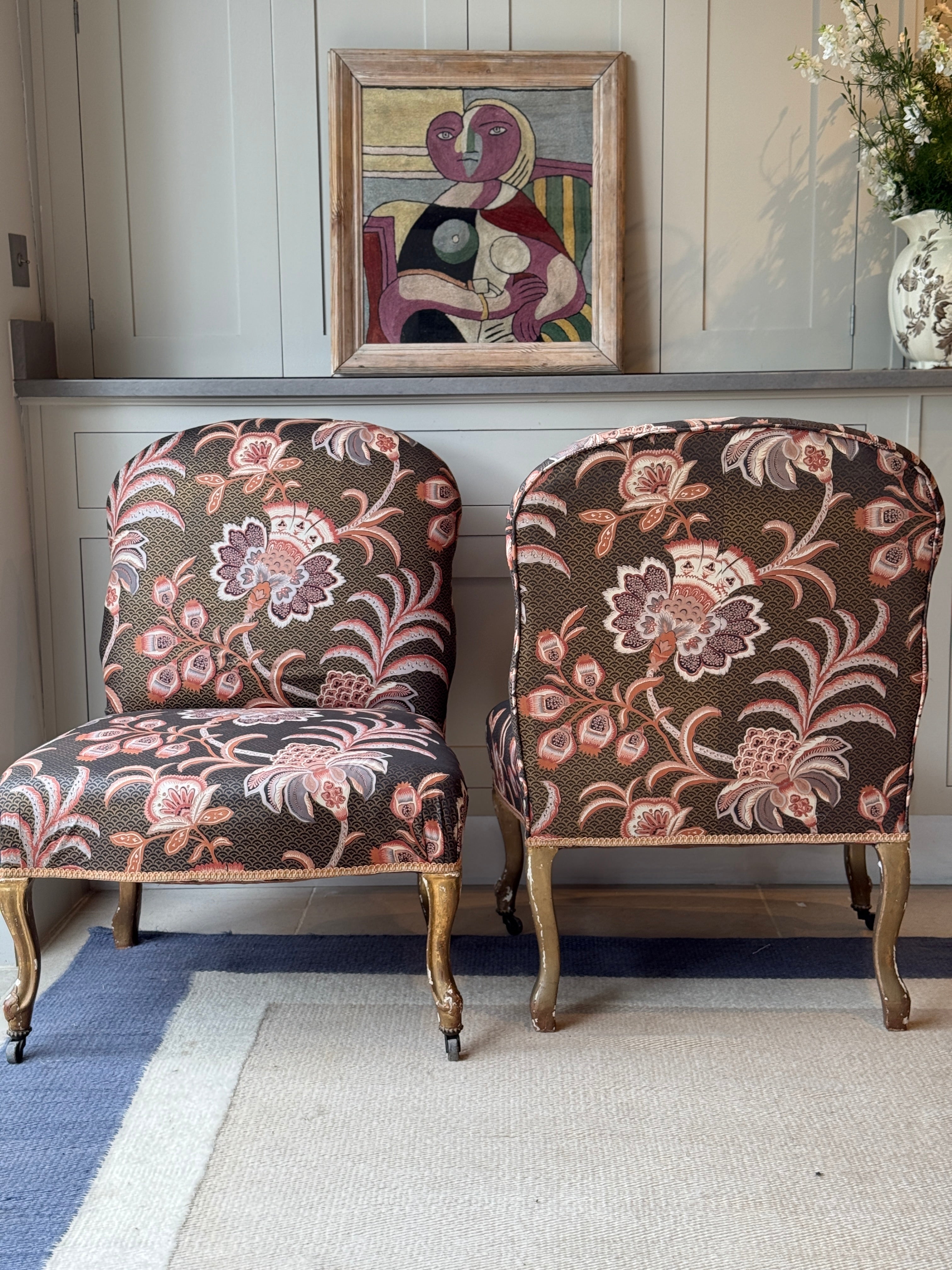 Large Pair of French Slipper Chairs in Floral Fabric