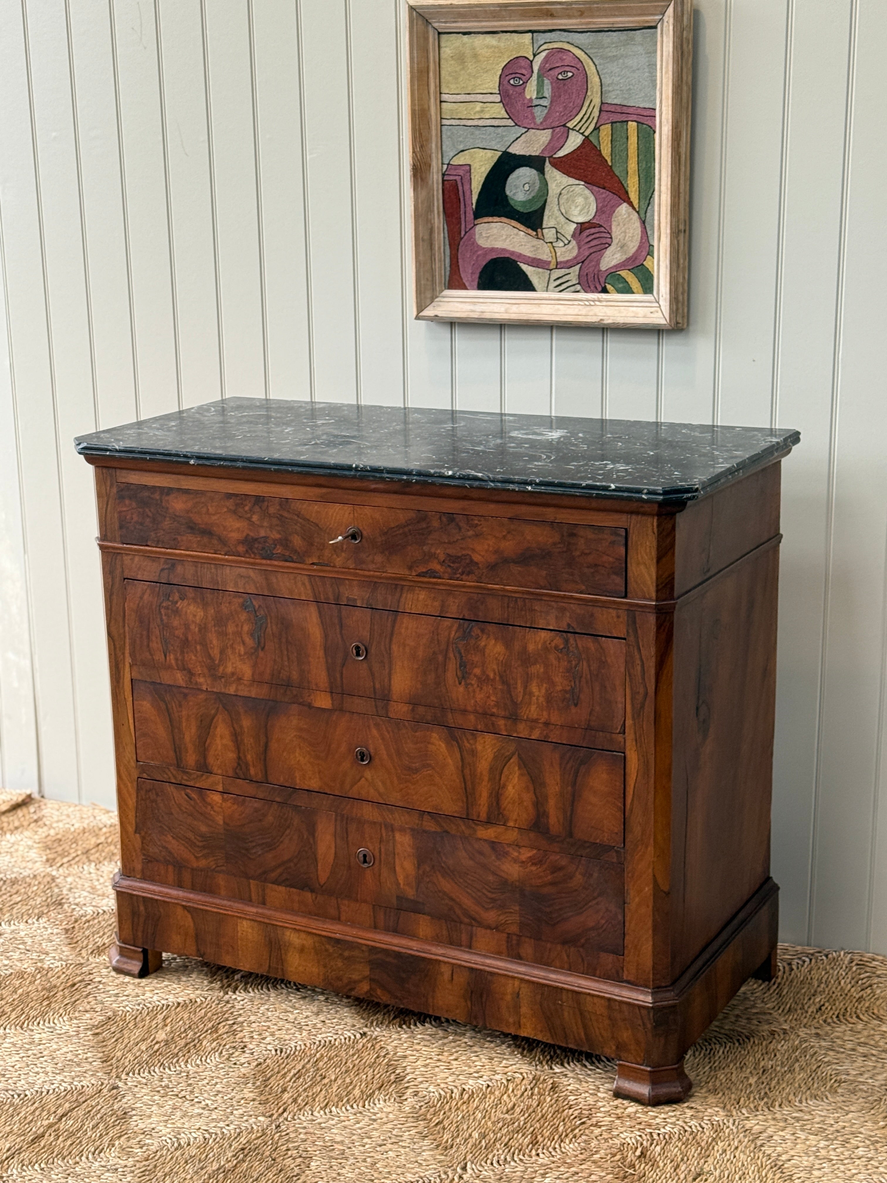 French Walnut Commode with Dappled Grey Marble Top