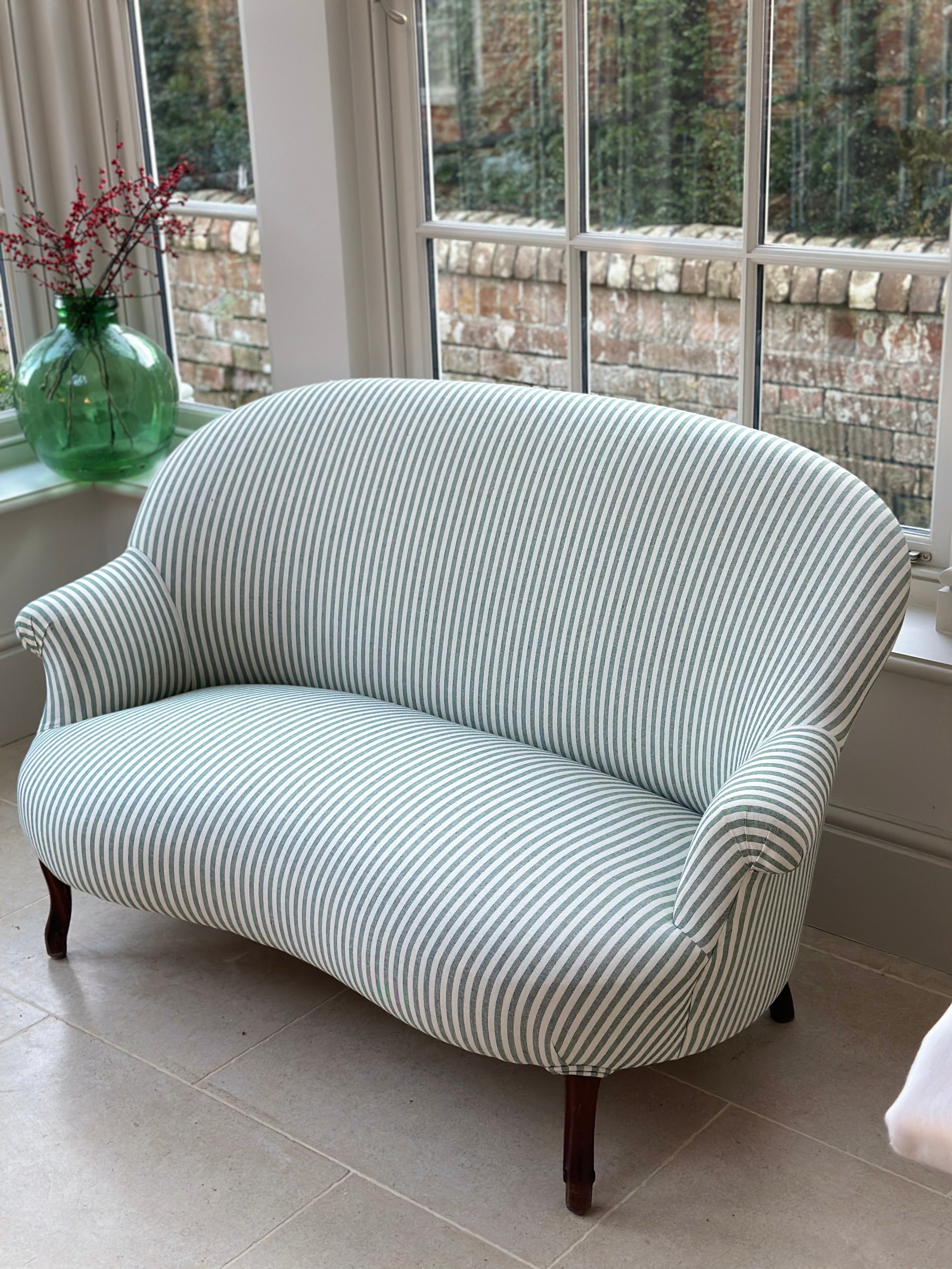 Small French 2 Seat Sofa ‘loveseat’ in green and white ticking
