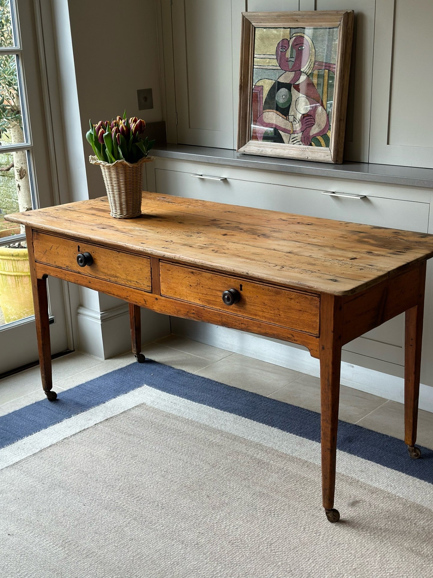 Large Charming Pine Table with Double Drawers