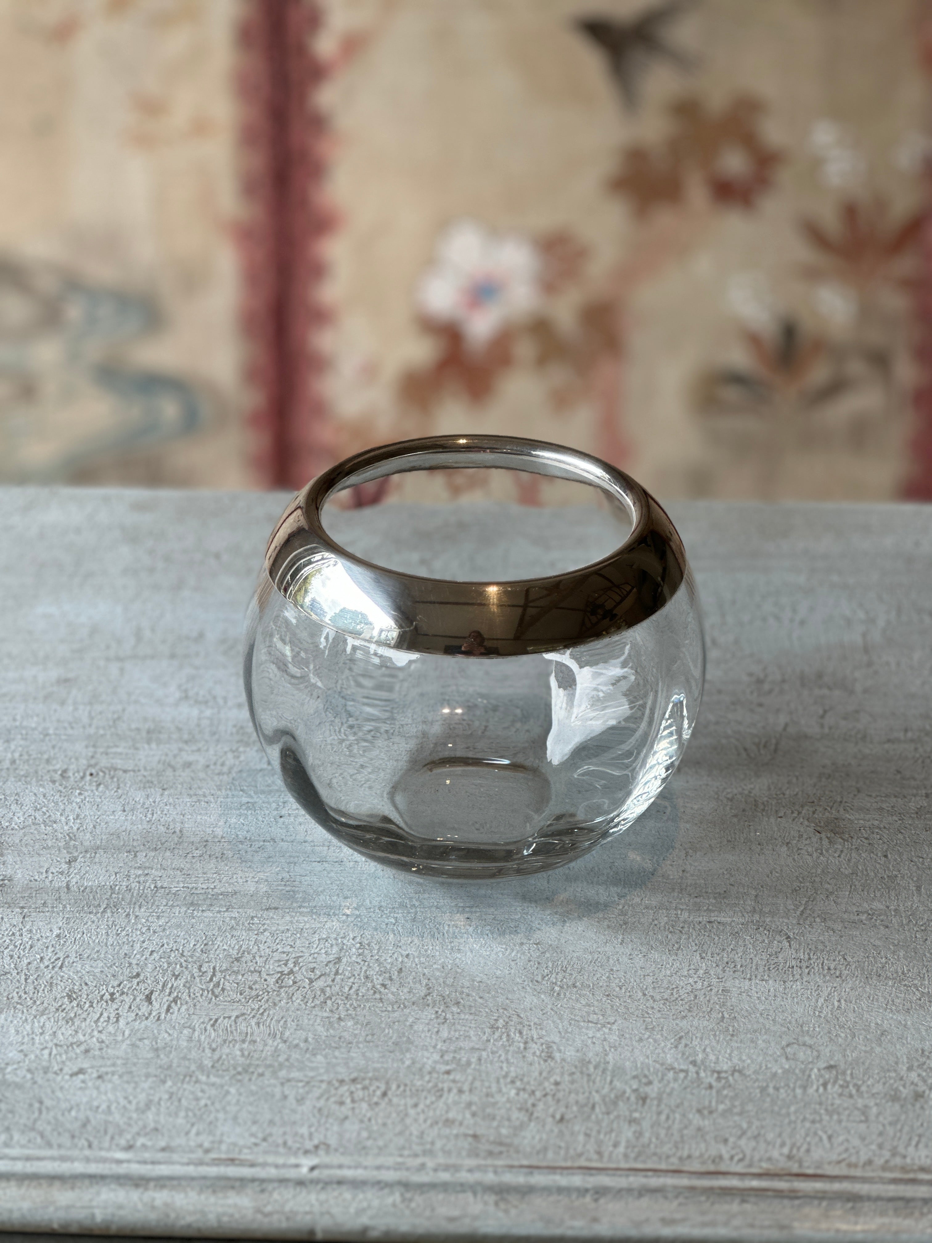 Silver Rimmed Crystal Fishbowl Vase