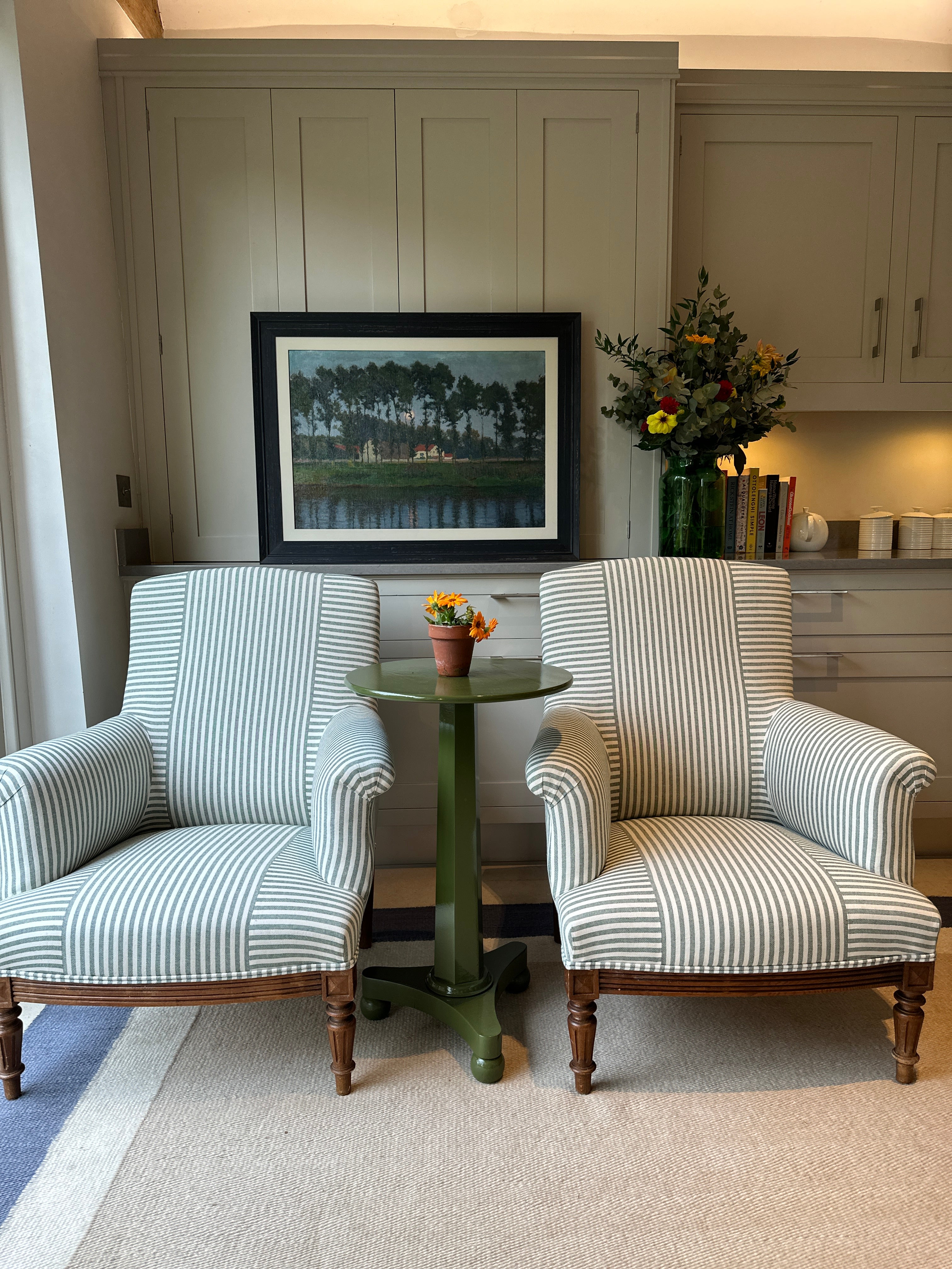 Pair of Napoleon III Chair in Dark Green Ticking