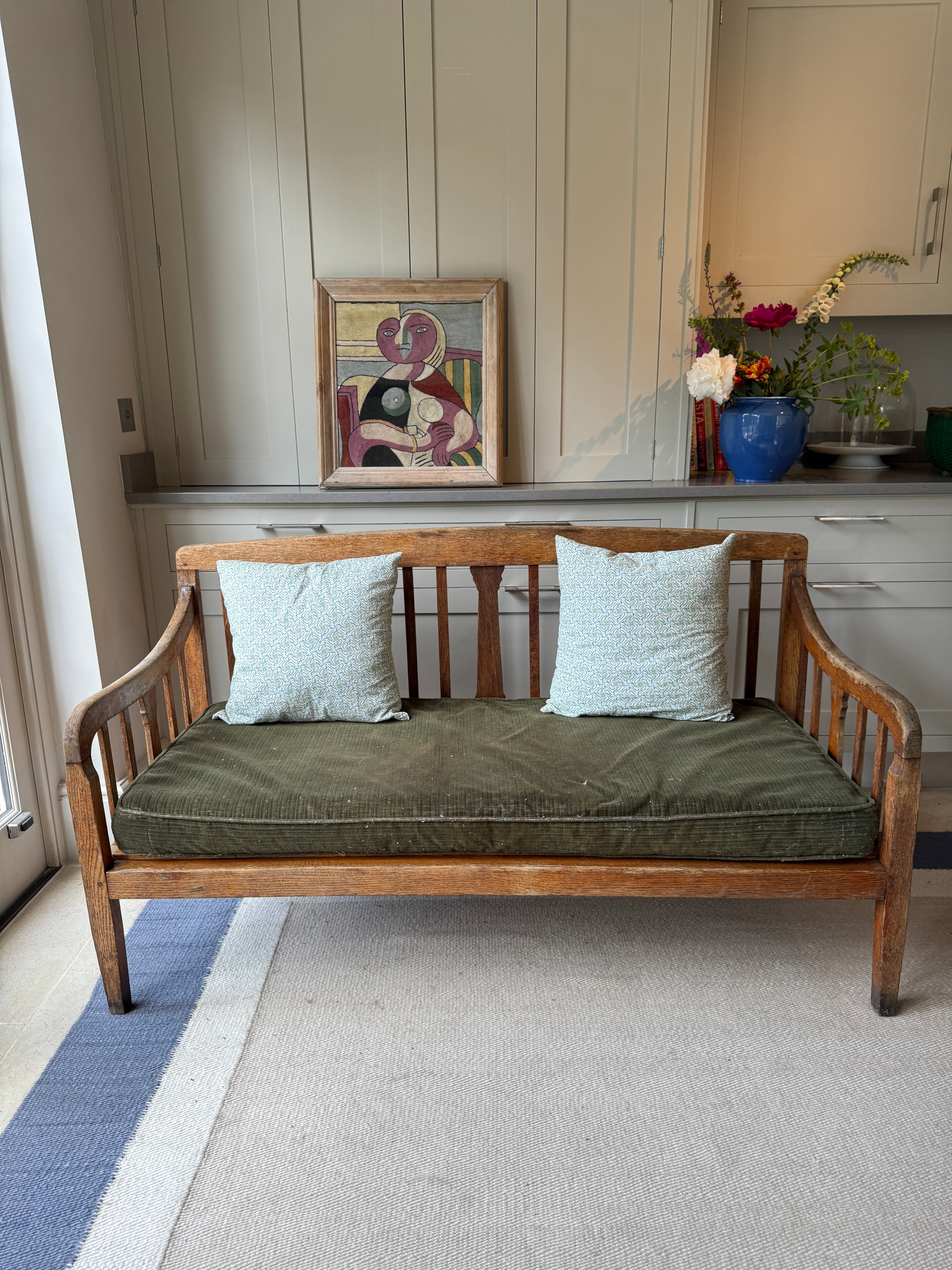 Deep Solid Oak Bench with Original Squab Horse hair cushion