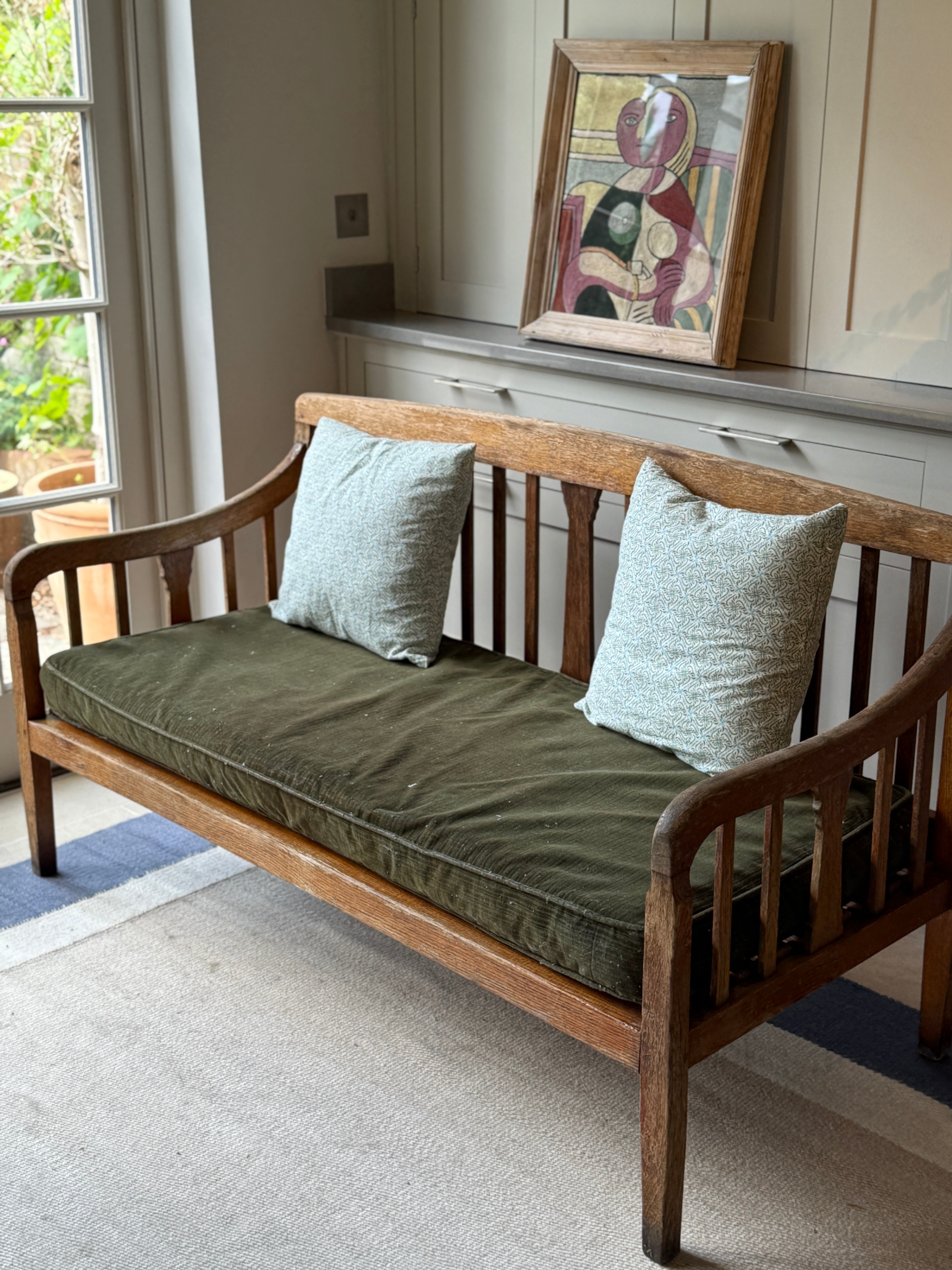 Deep Solid Oak Bench with Original Squab Horse hair cushion