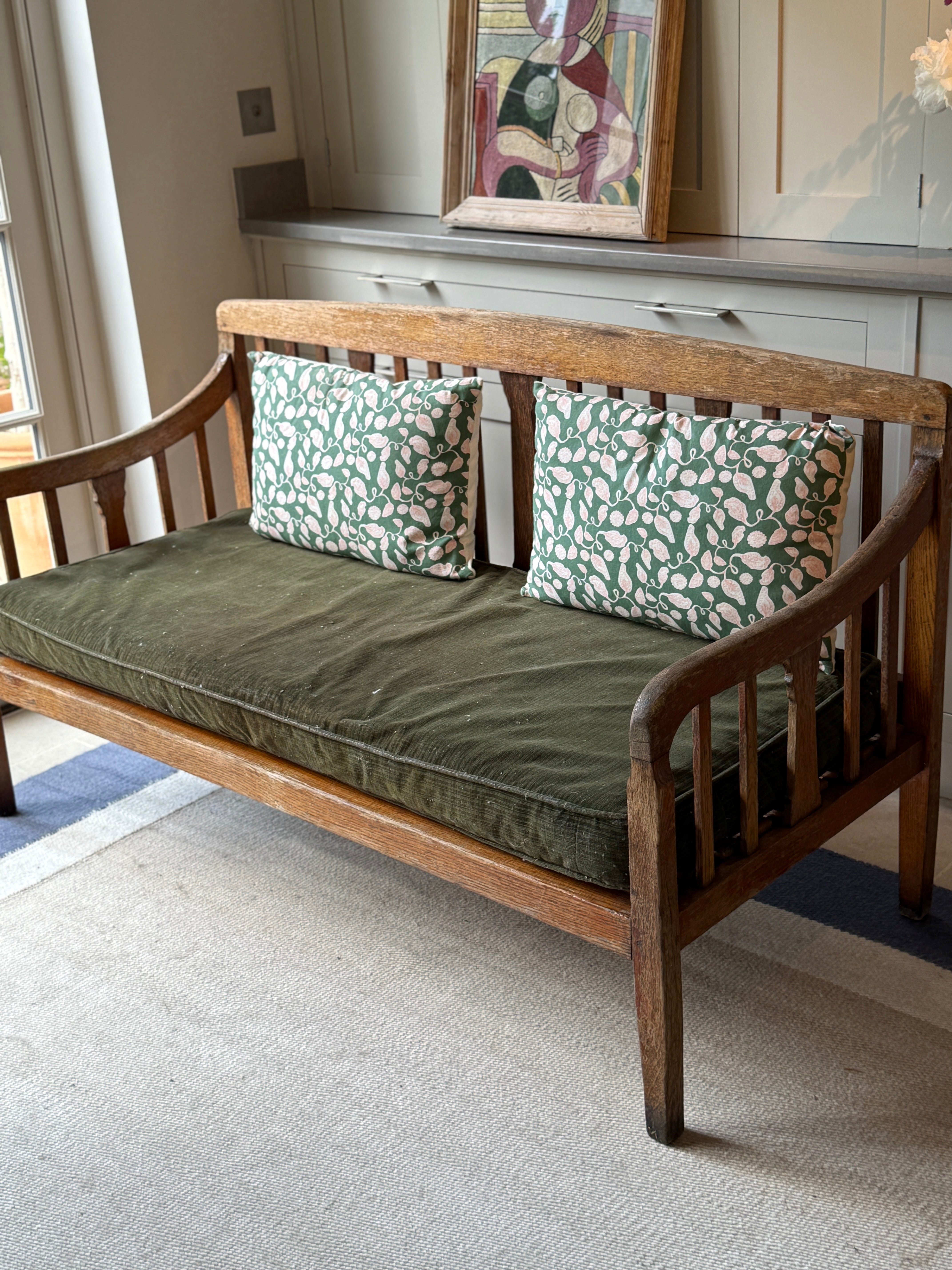 Deep Solid Oak Bench with Original Squab Horse hair cushion