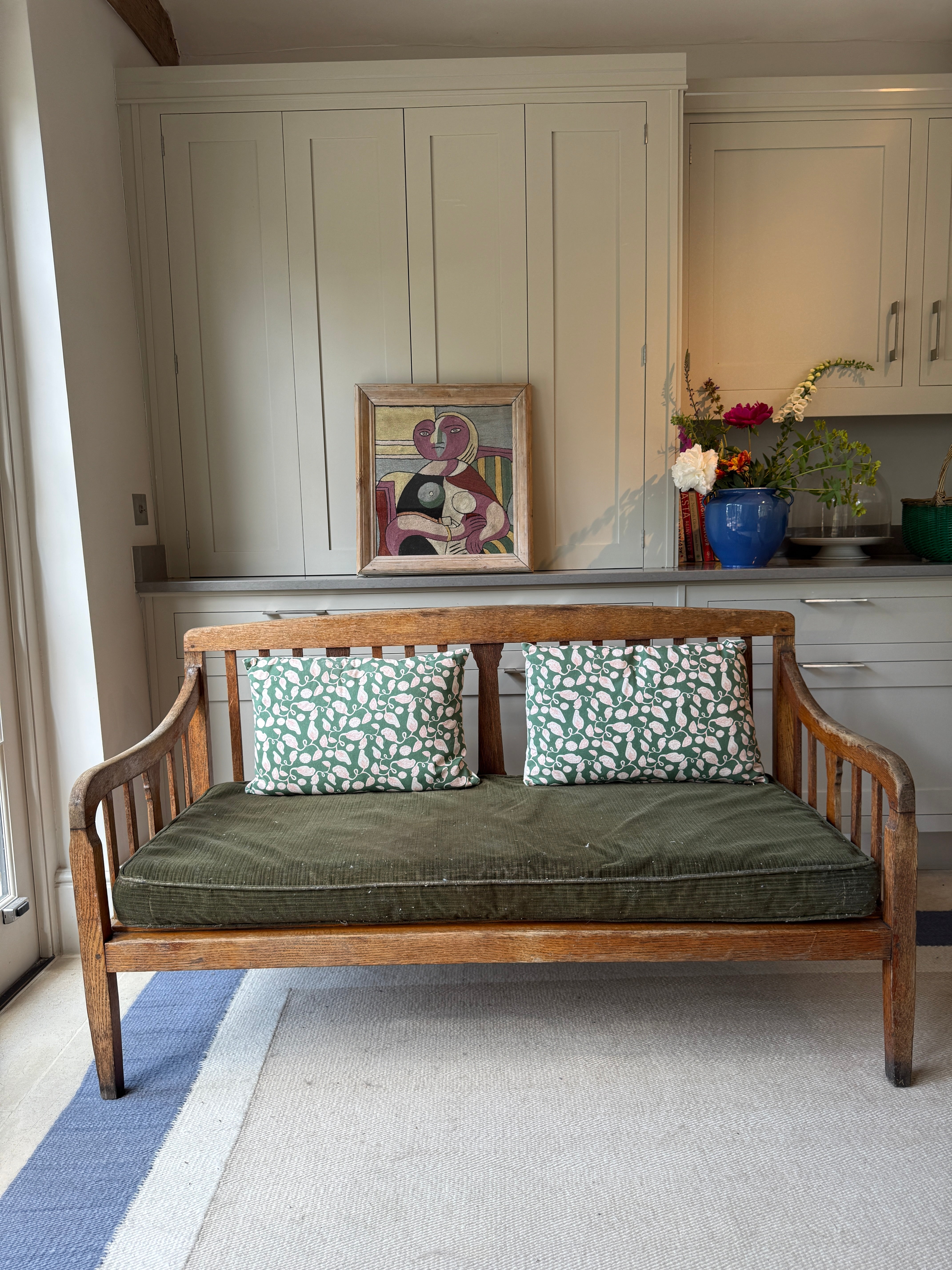 Deep Solid Oak Bench with Original Squab Horse hair cushion