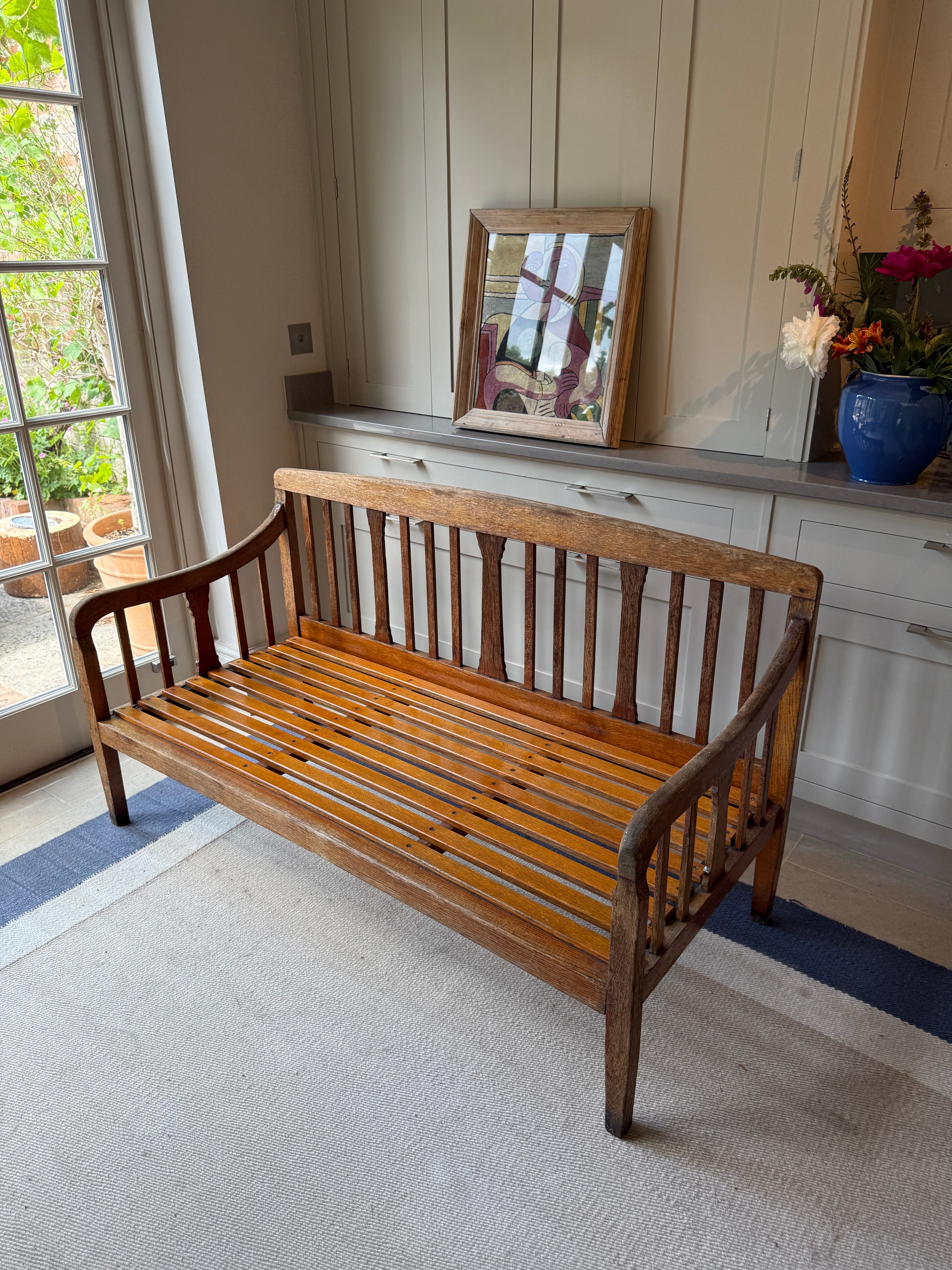 Deep Solid Oak Bench with Original Squab Horse hair cushion