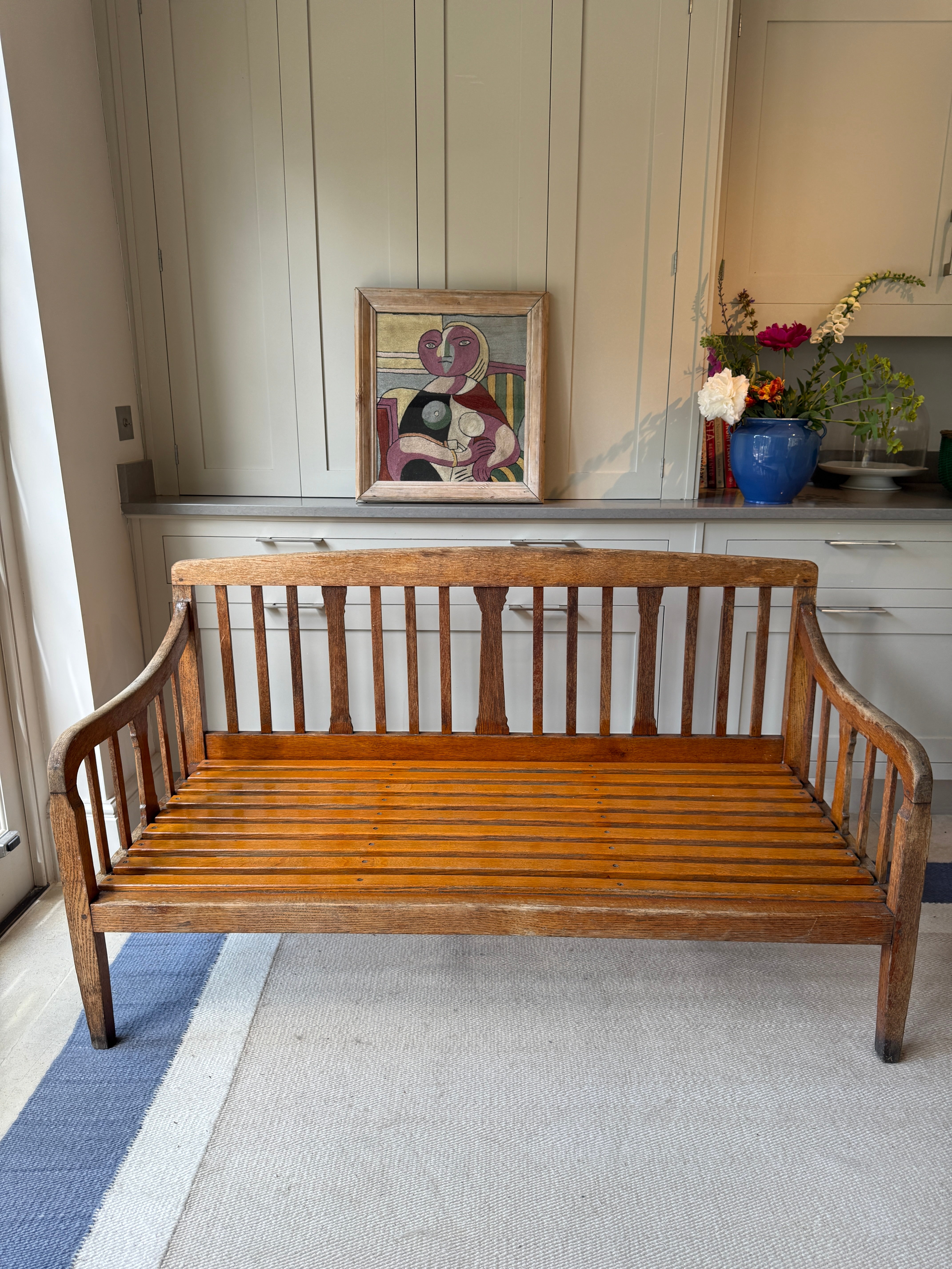 Deep Solid Oak Bench with Original Squab Horse hair cushion