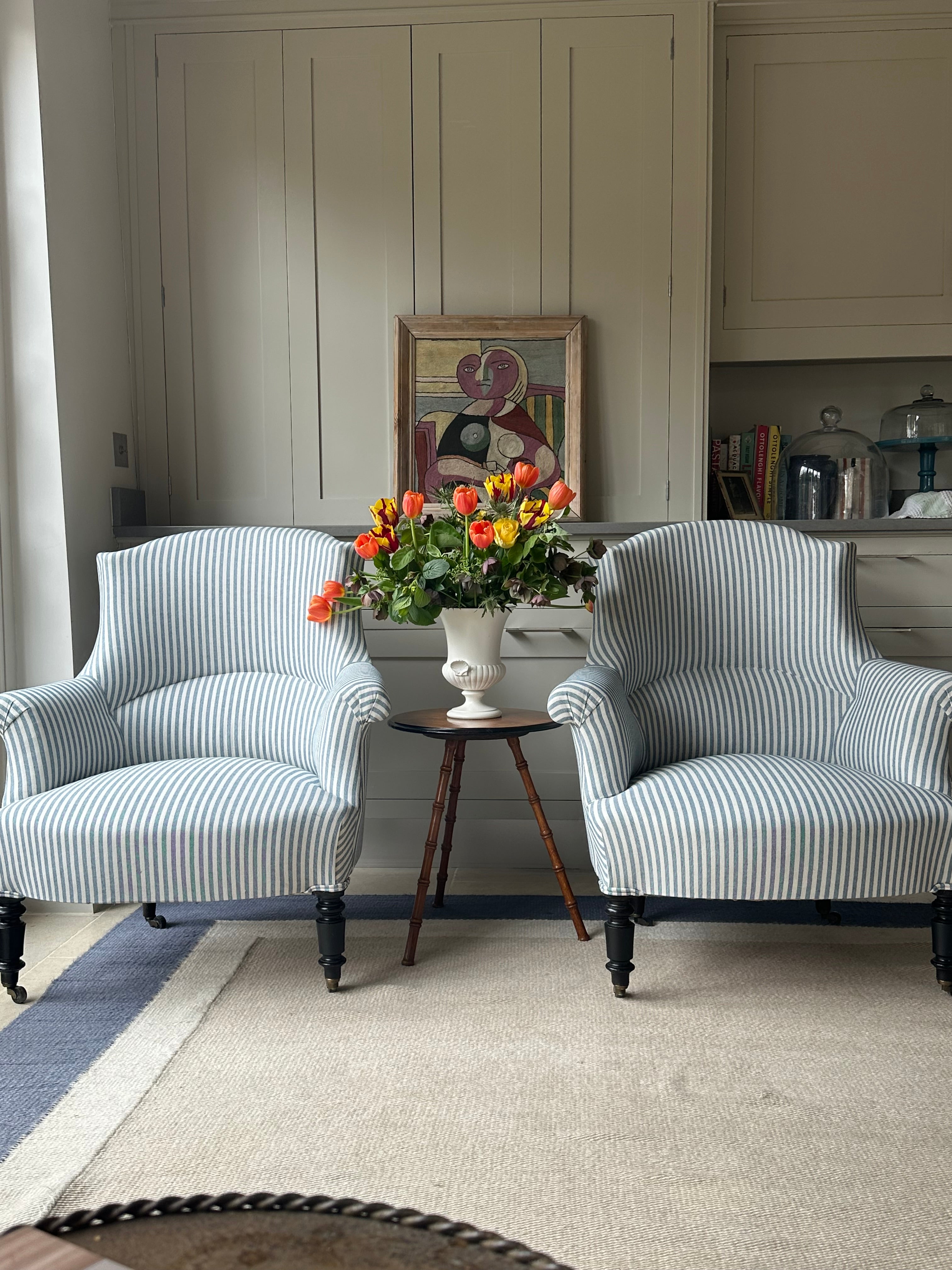 Pair of Crapaud Tub Chairs in Blue Ticking