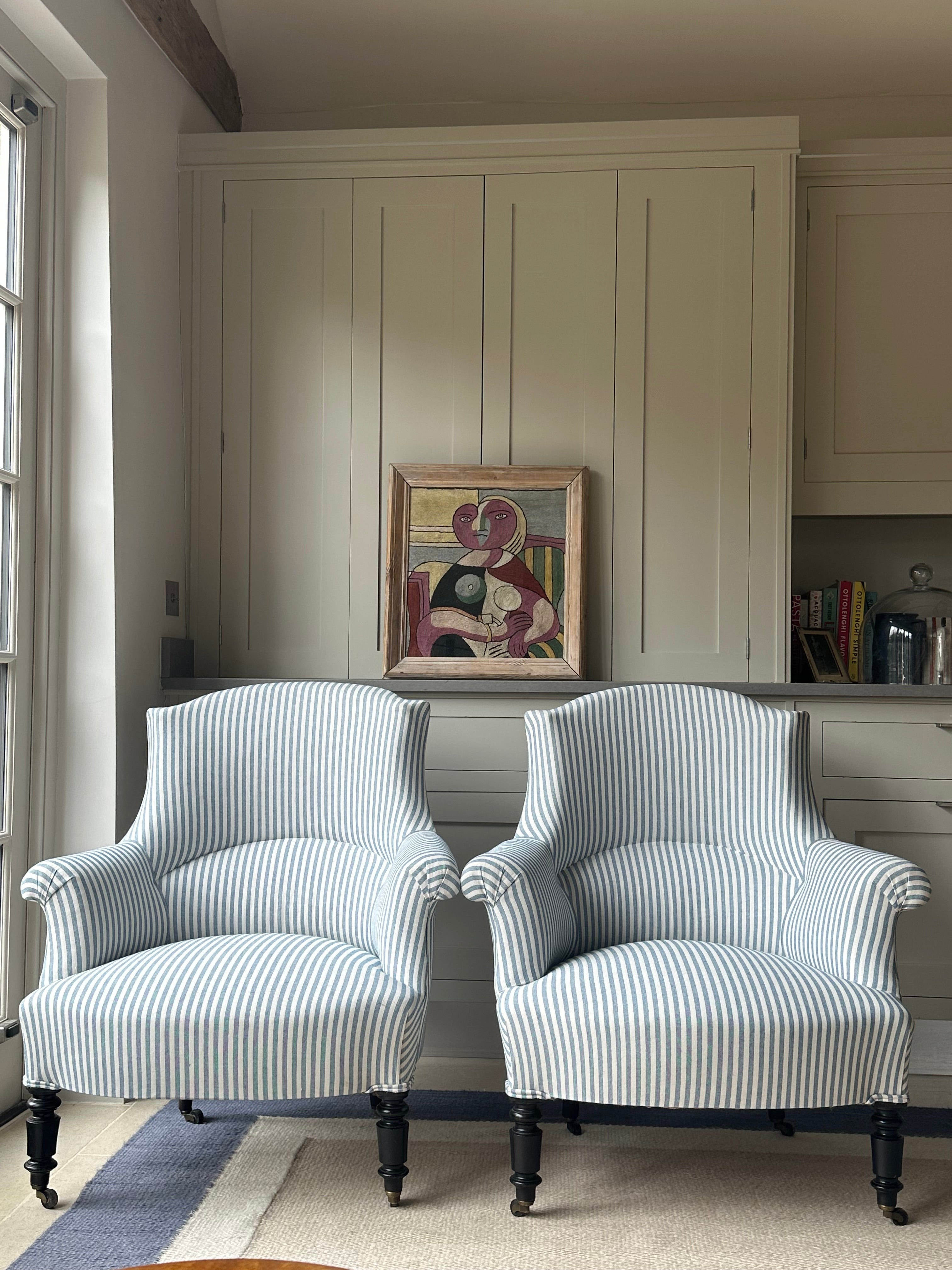 Pair of Crapaud Tub Chairs in Blue Ticking
