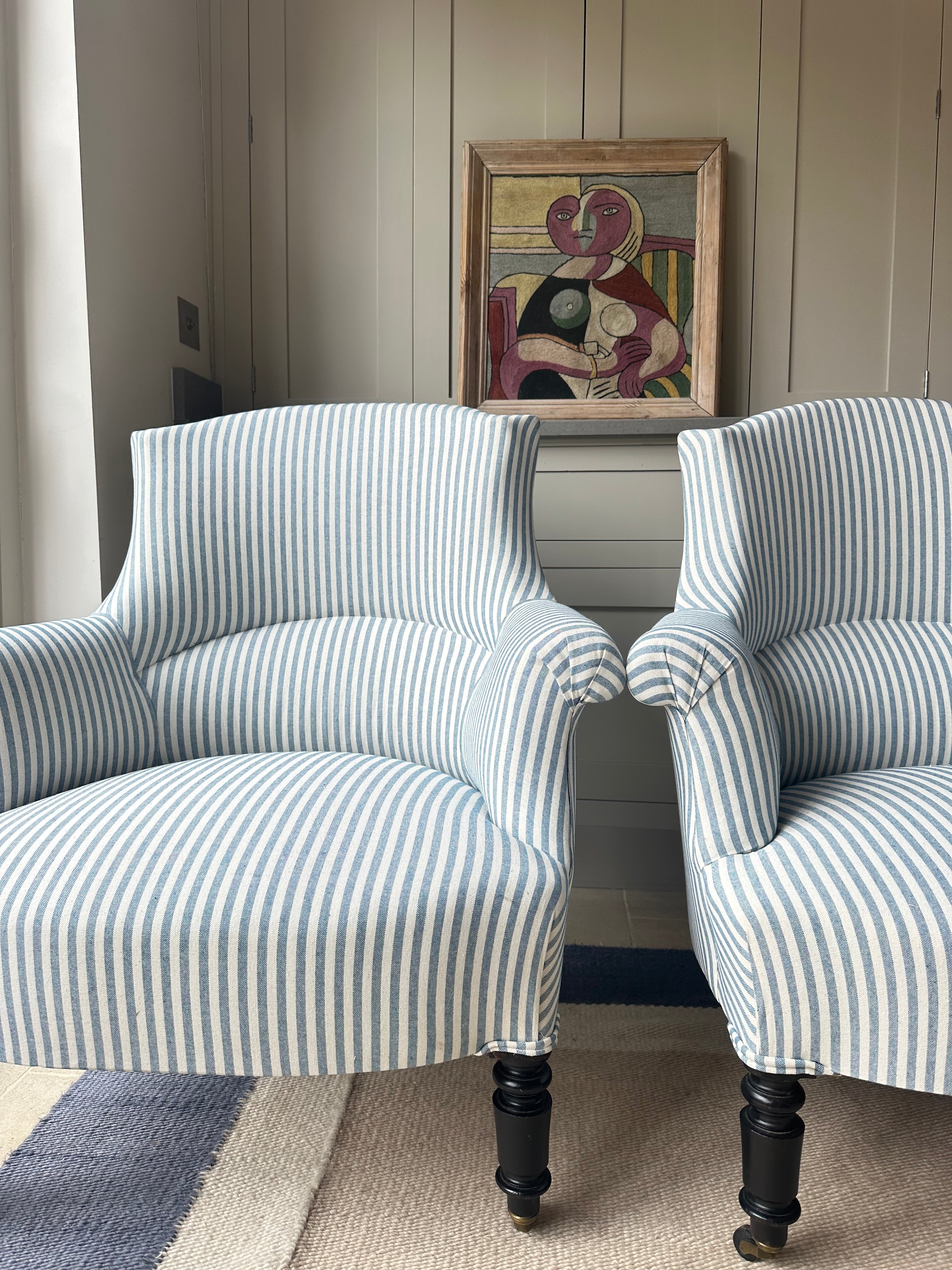 Pair of Crapaud Tub Chairs in Blue Ticking