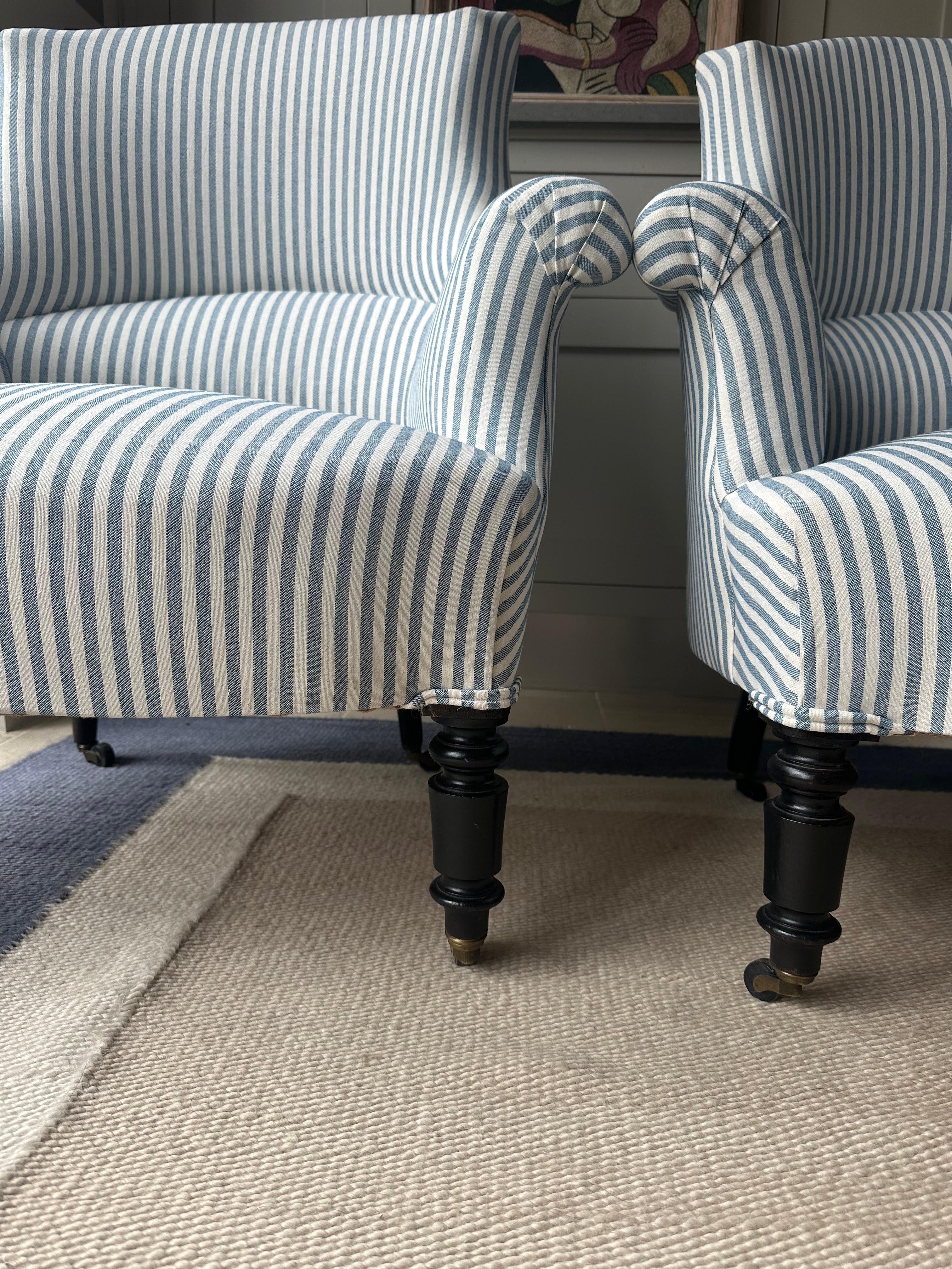 Pair of Crapaud Tub Chairs in Blue Ticking