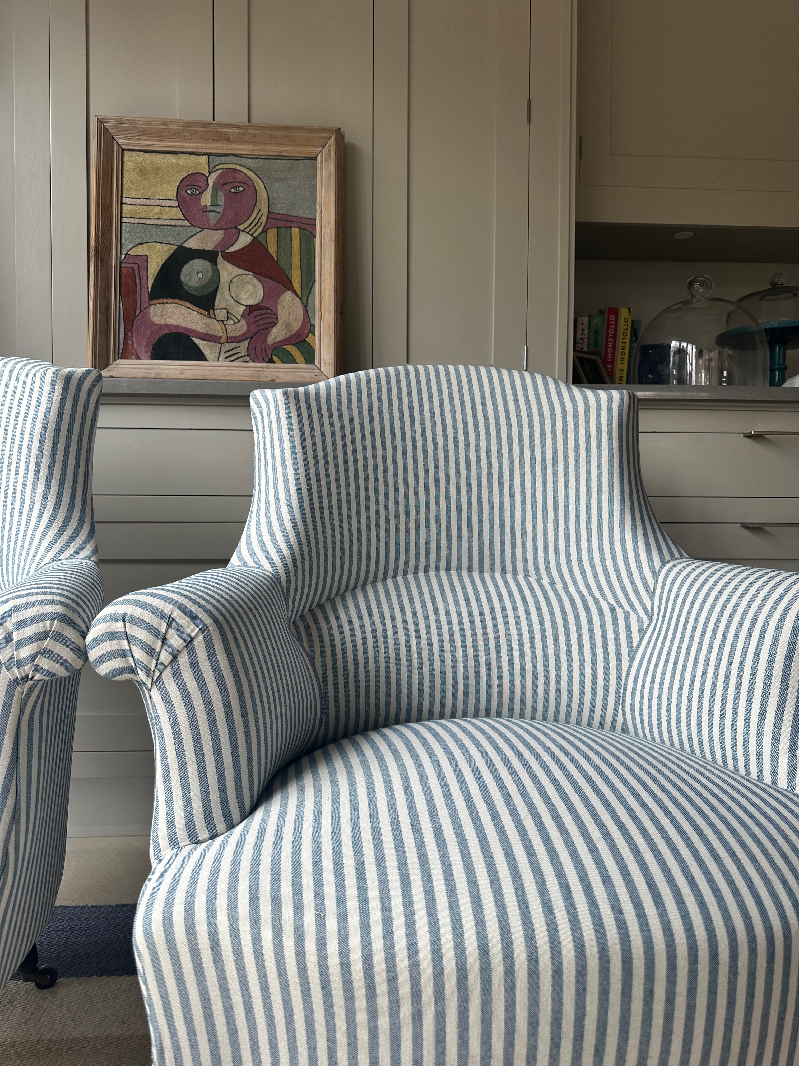 Pair of Crapaud Tub Chairs in Blue Ticking
