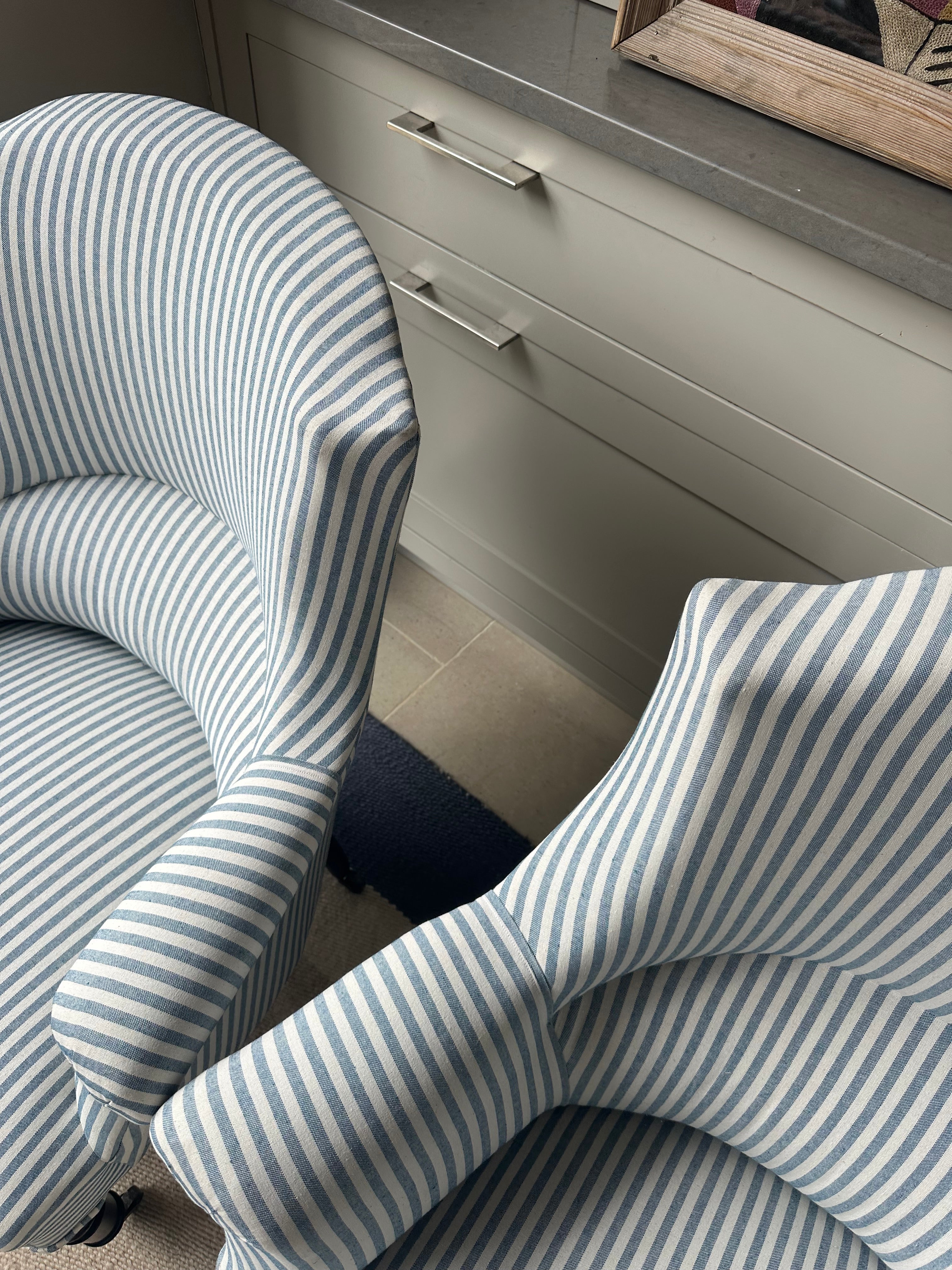 Pair of Crapaud Tub Chairs in Blue Ticking