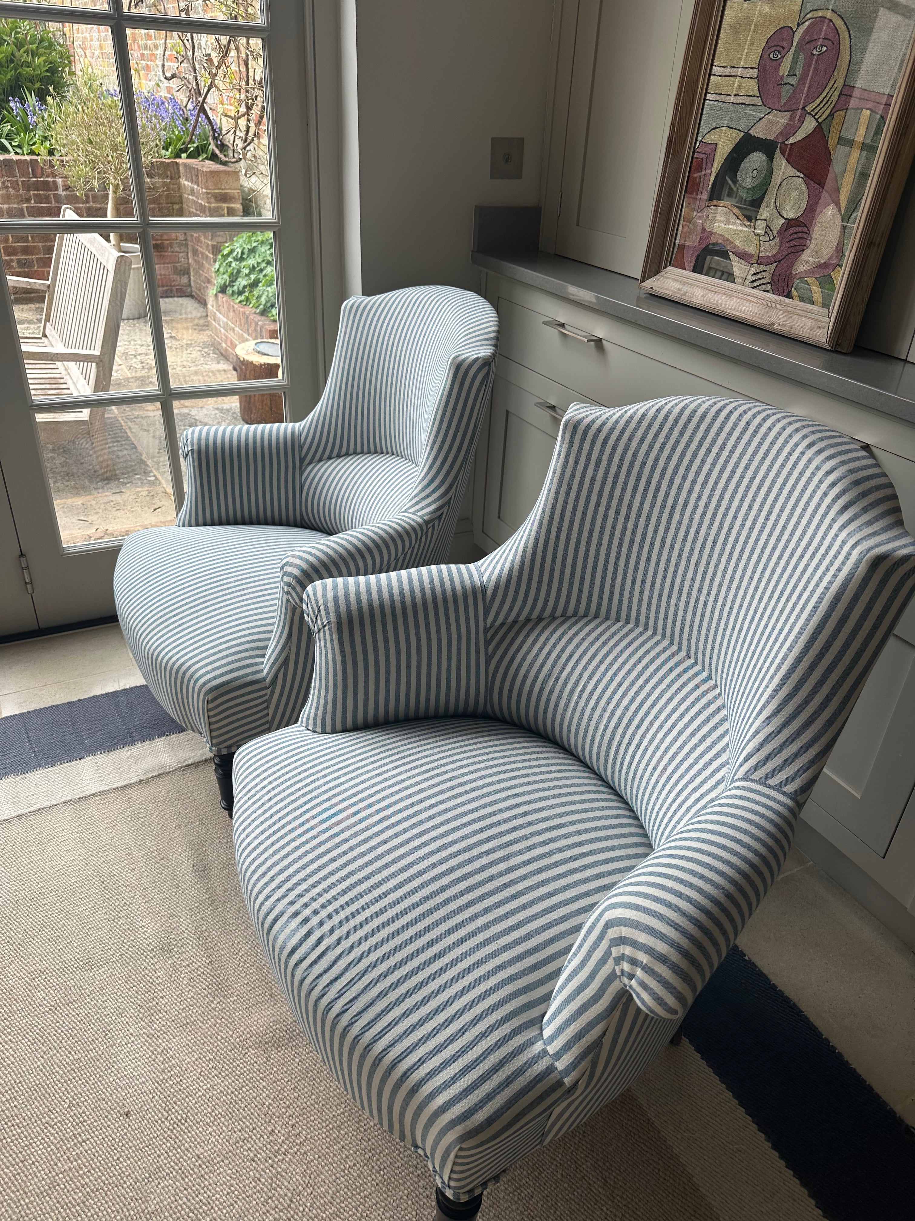 Pair of Crapaud Tub Chairs in Blue Ticking
