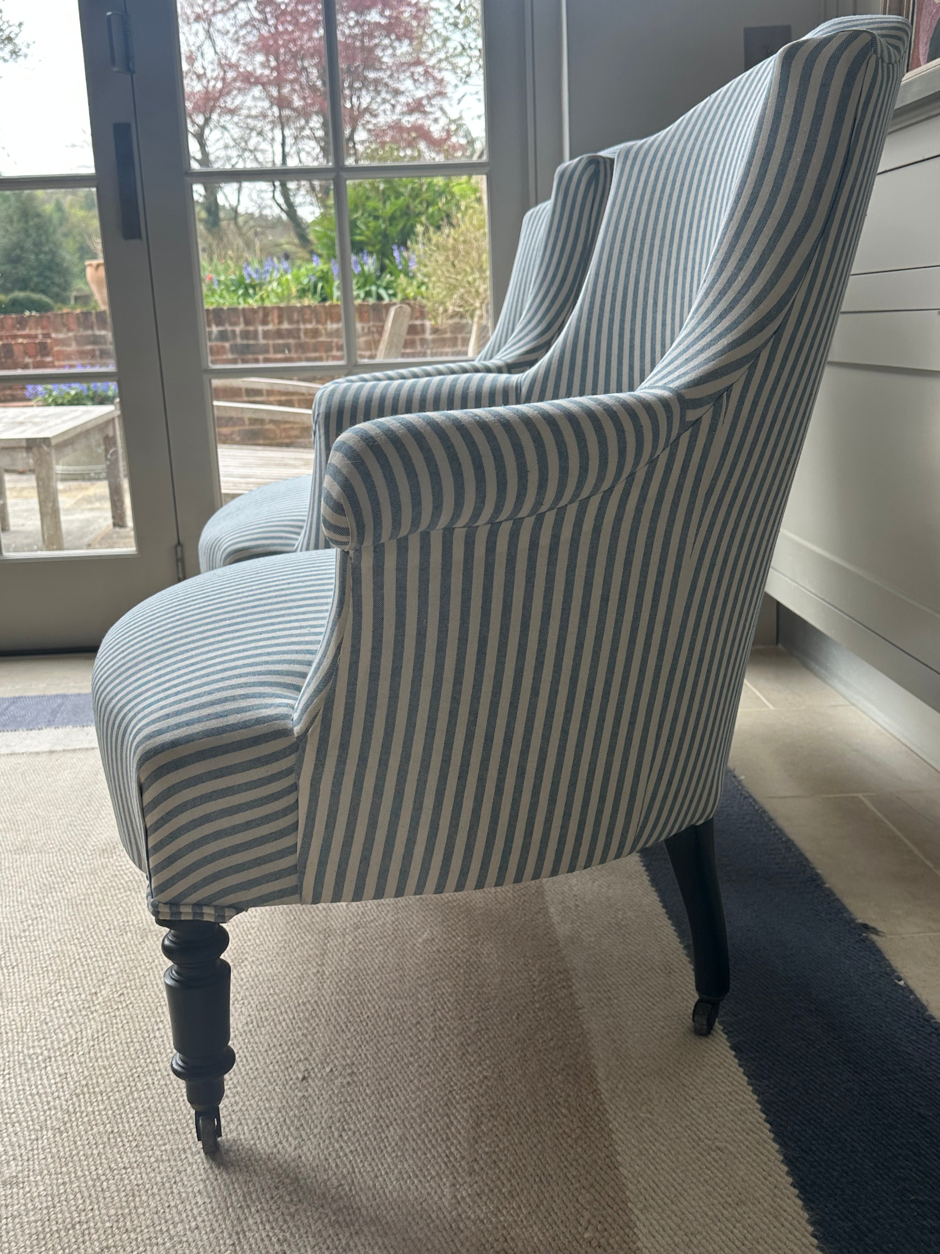 Pair of Crapaud Tub Chairs in Blue Ticking