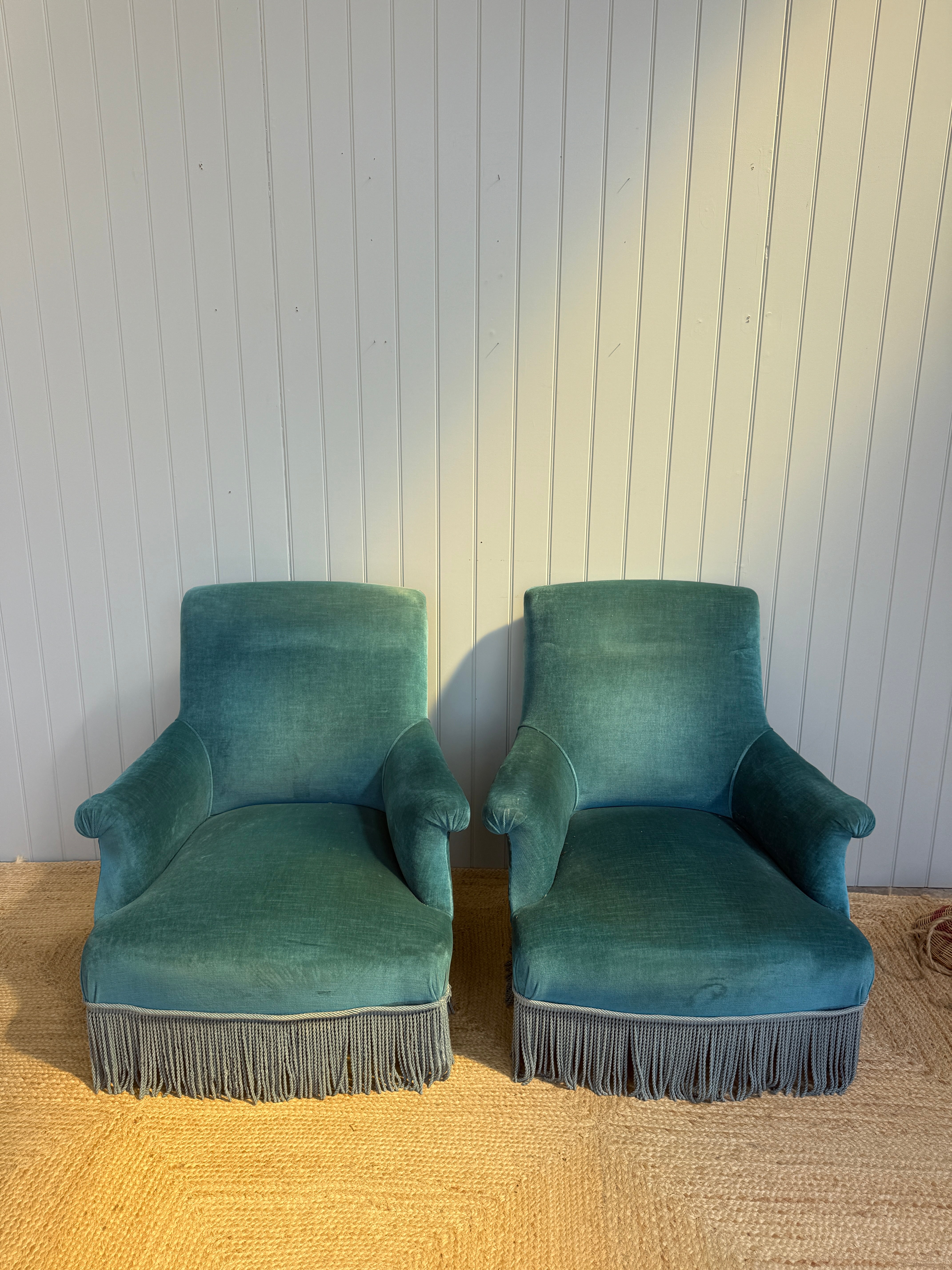 Pair of Nap III Squareback Chairs in Blue Velvet