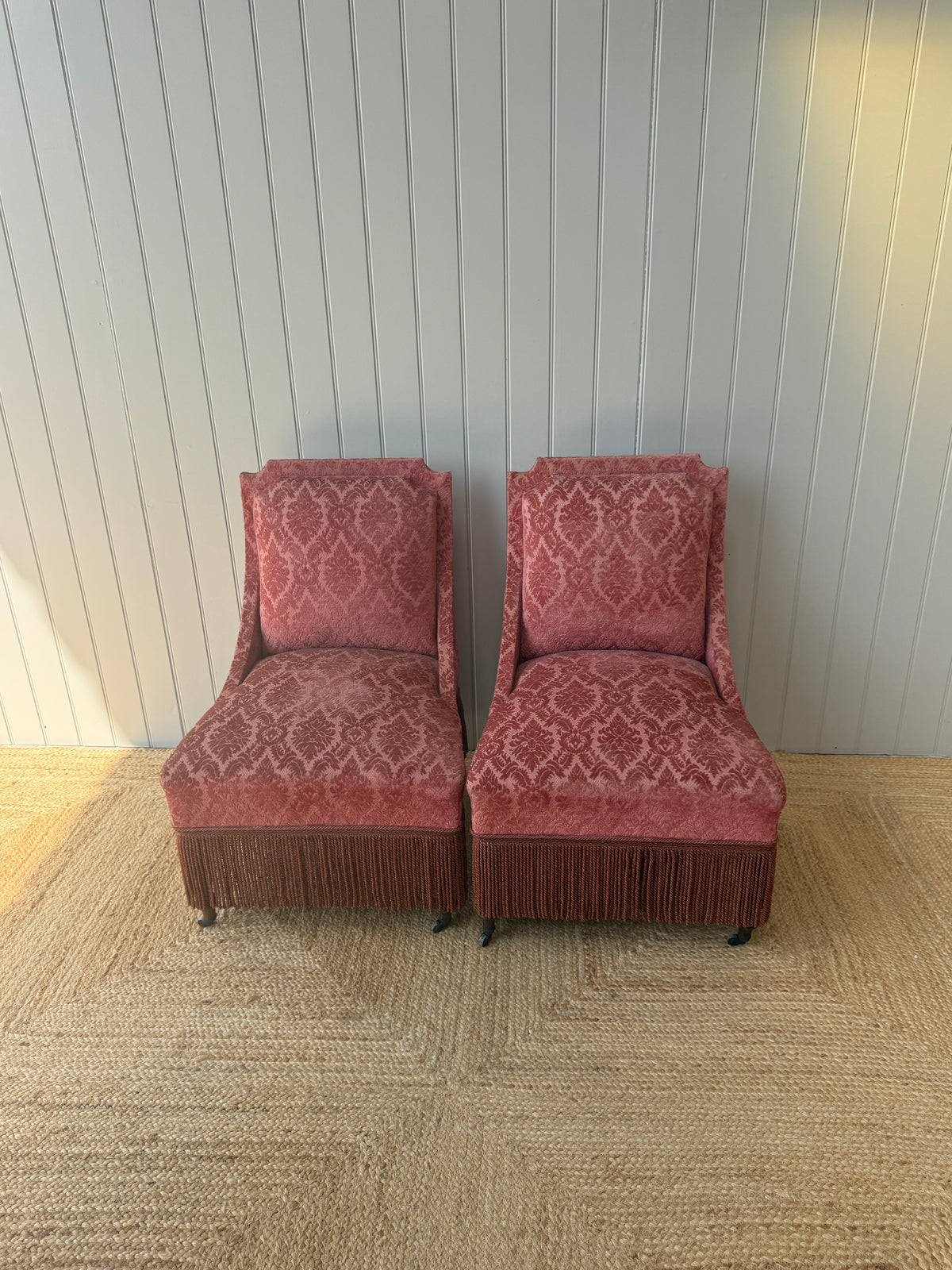 Pair of French Slipper Chairs in red/pink damask