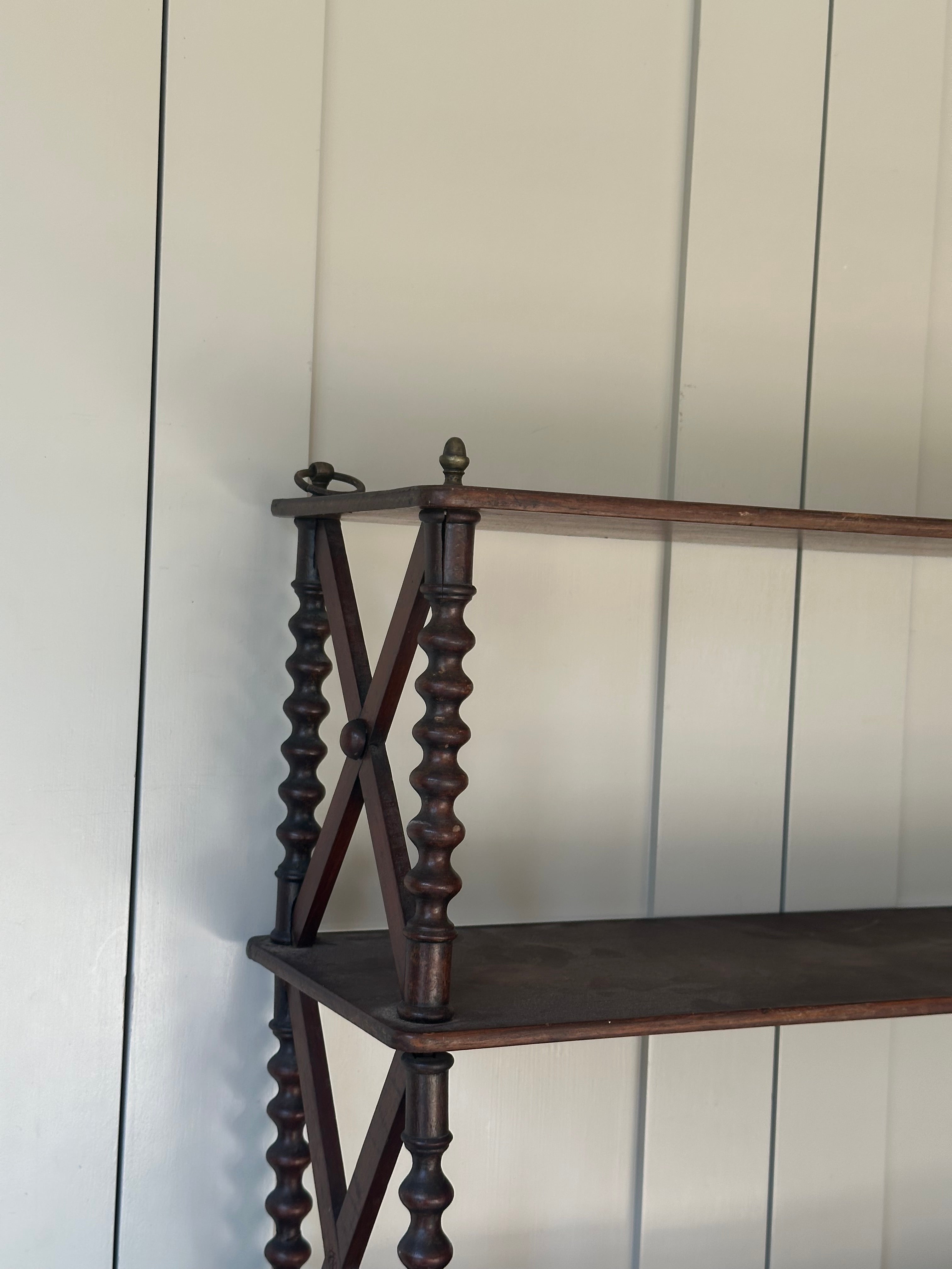 French Mahogany Bobbin Wall Shelves with side cross stretchers