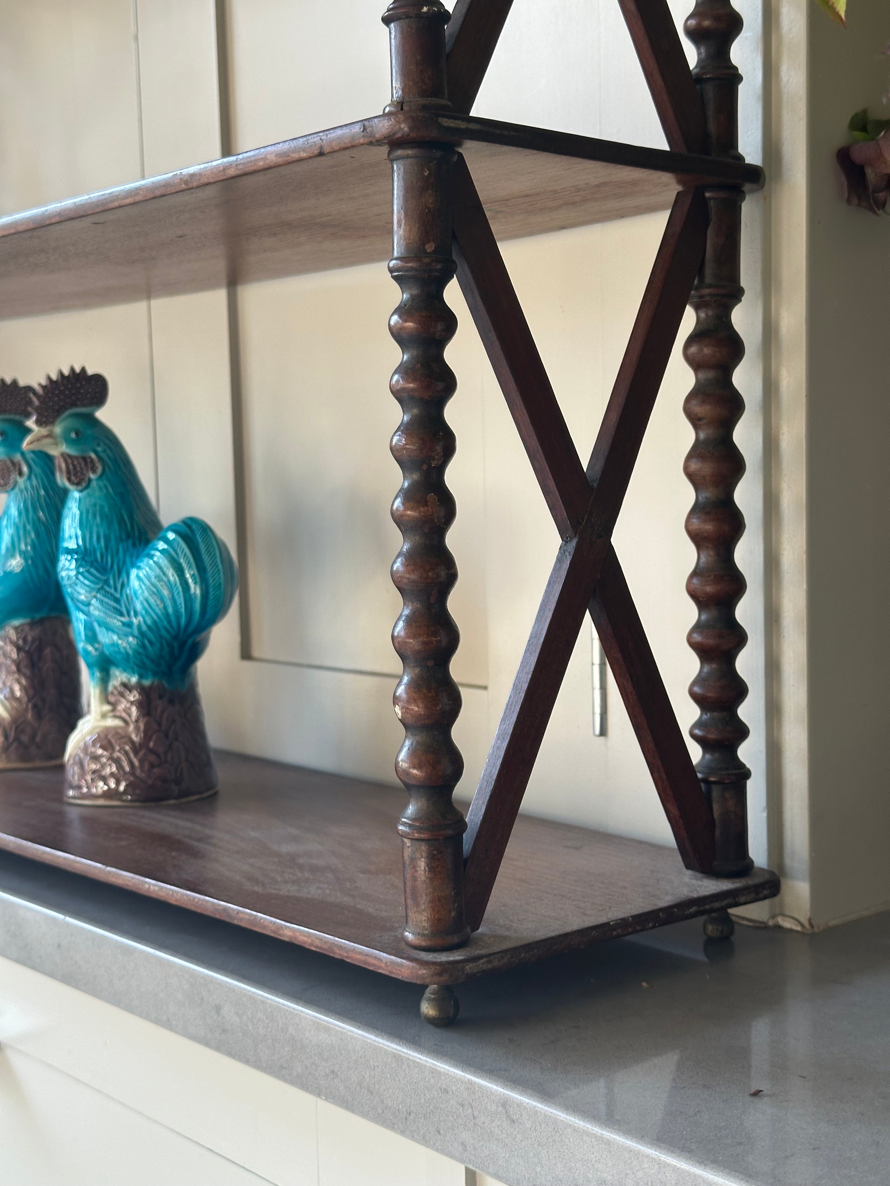 French Mahogany Bobbin Wall Shelves with side cross stretchers