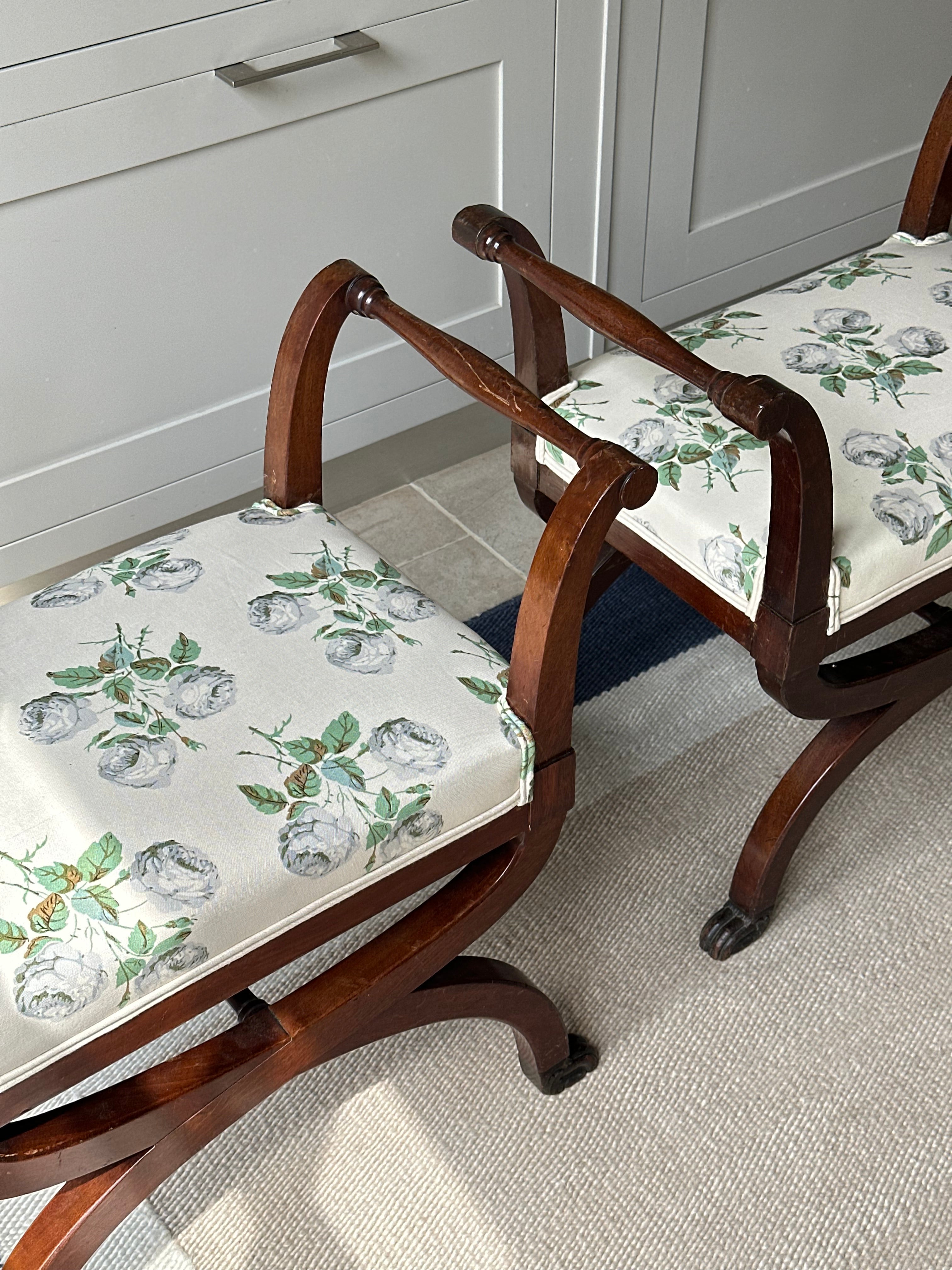 Pair of Mahogany X Frame Stools Upholstered in Colefax and Fowler Bowood