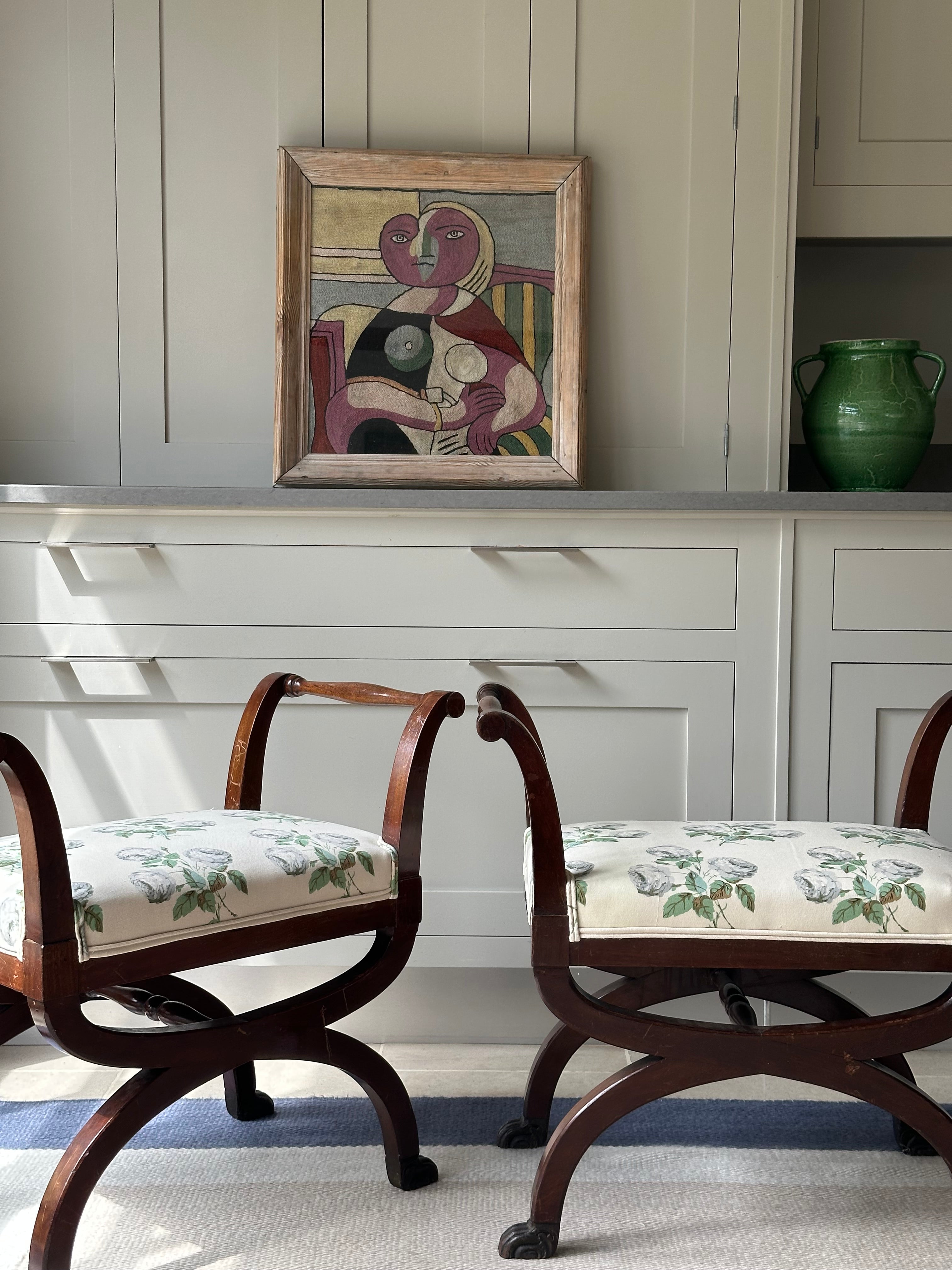 Pair of Mahogany X Frame Stools Upholstered in Colefax and Fowler Bowood