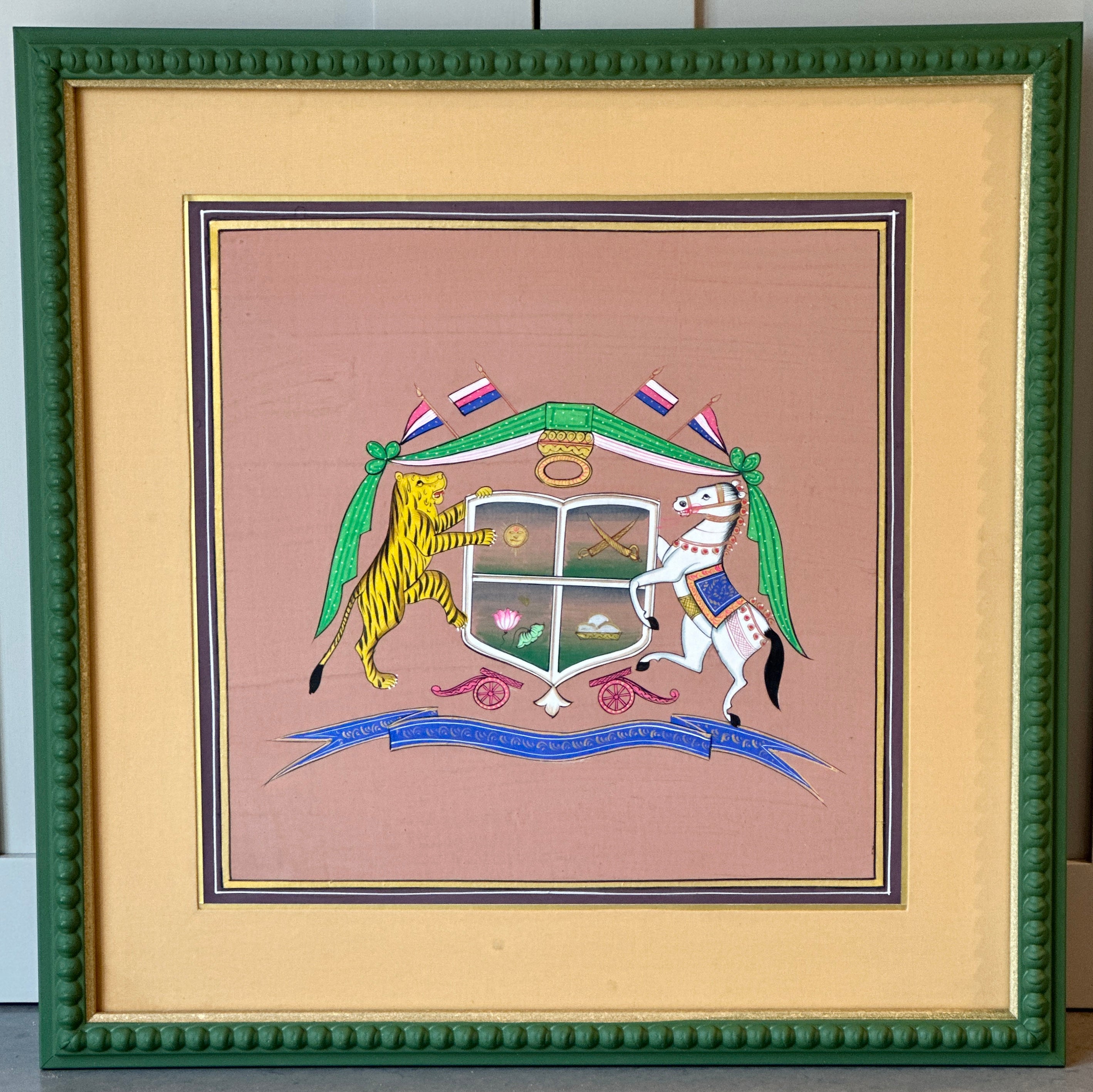 Decorative Painted Coat of Arms in Green Bobbin Frame - B