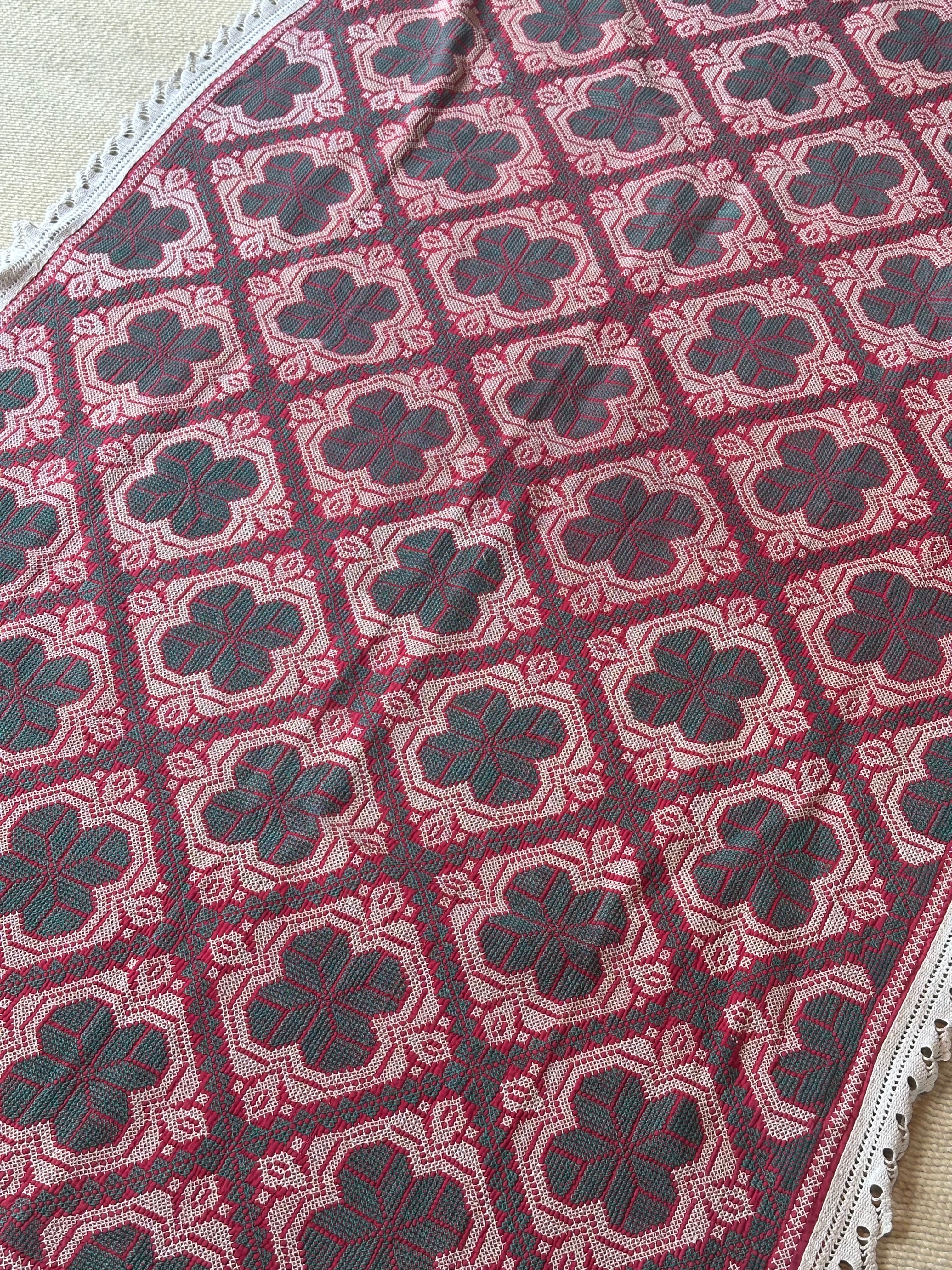 Green and Red Handmade Bengal Quilt with Lace Trim