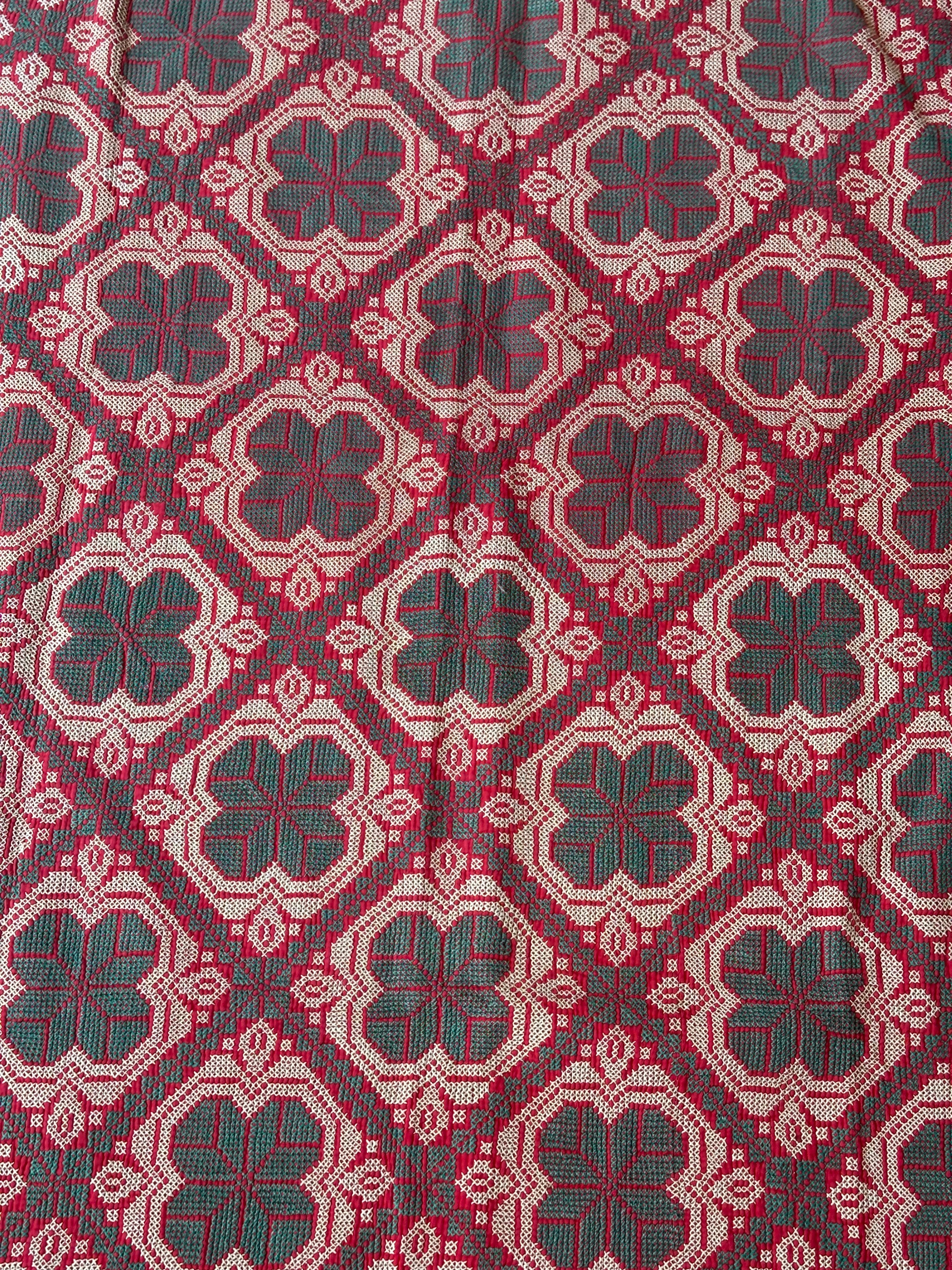 Green and Red Handmade Bengal Quilt with Lace Trim