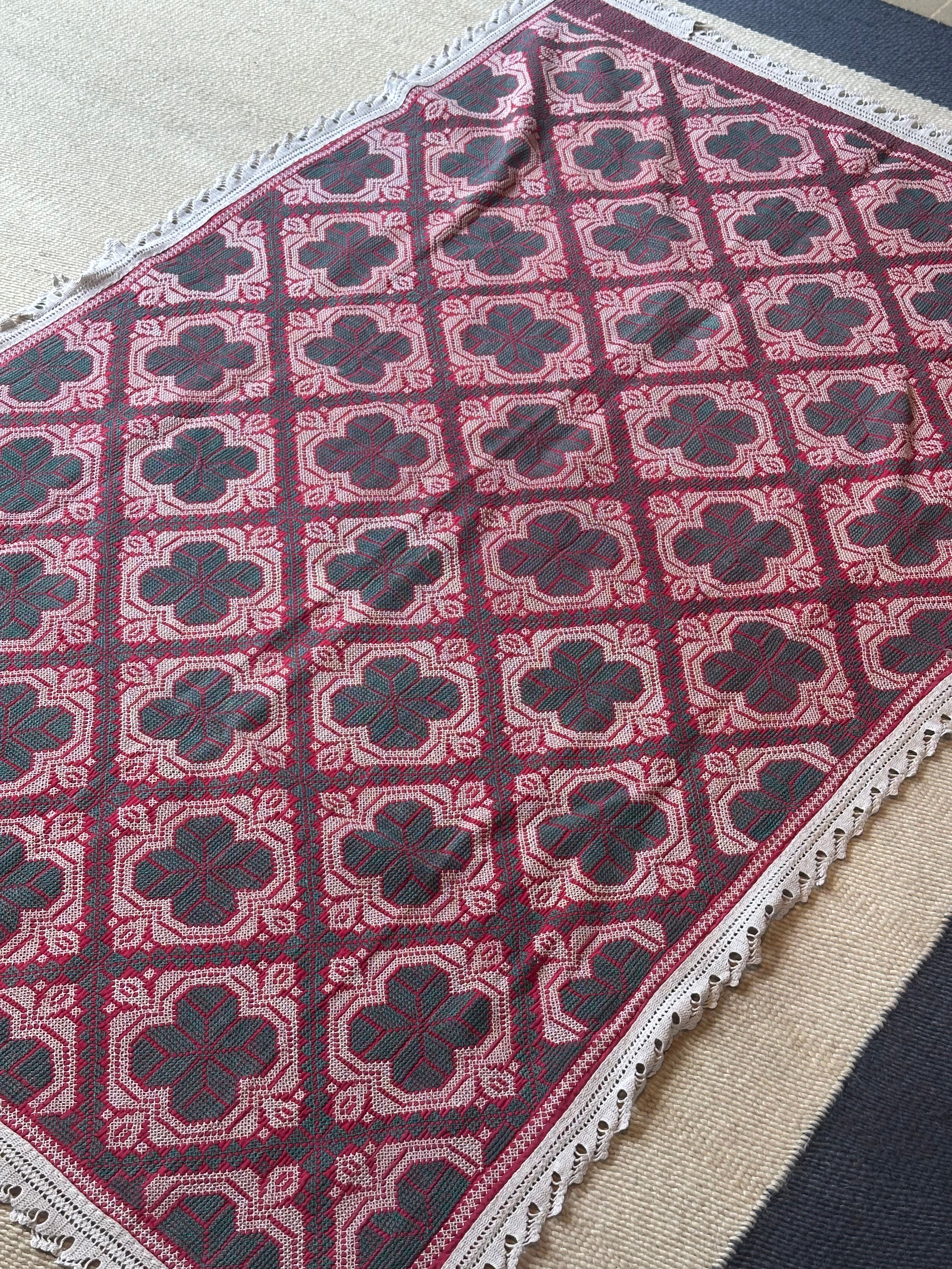 Green and Red Handmade Bengal Quilt with Lace Trim