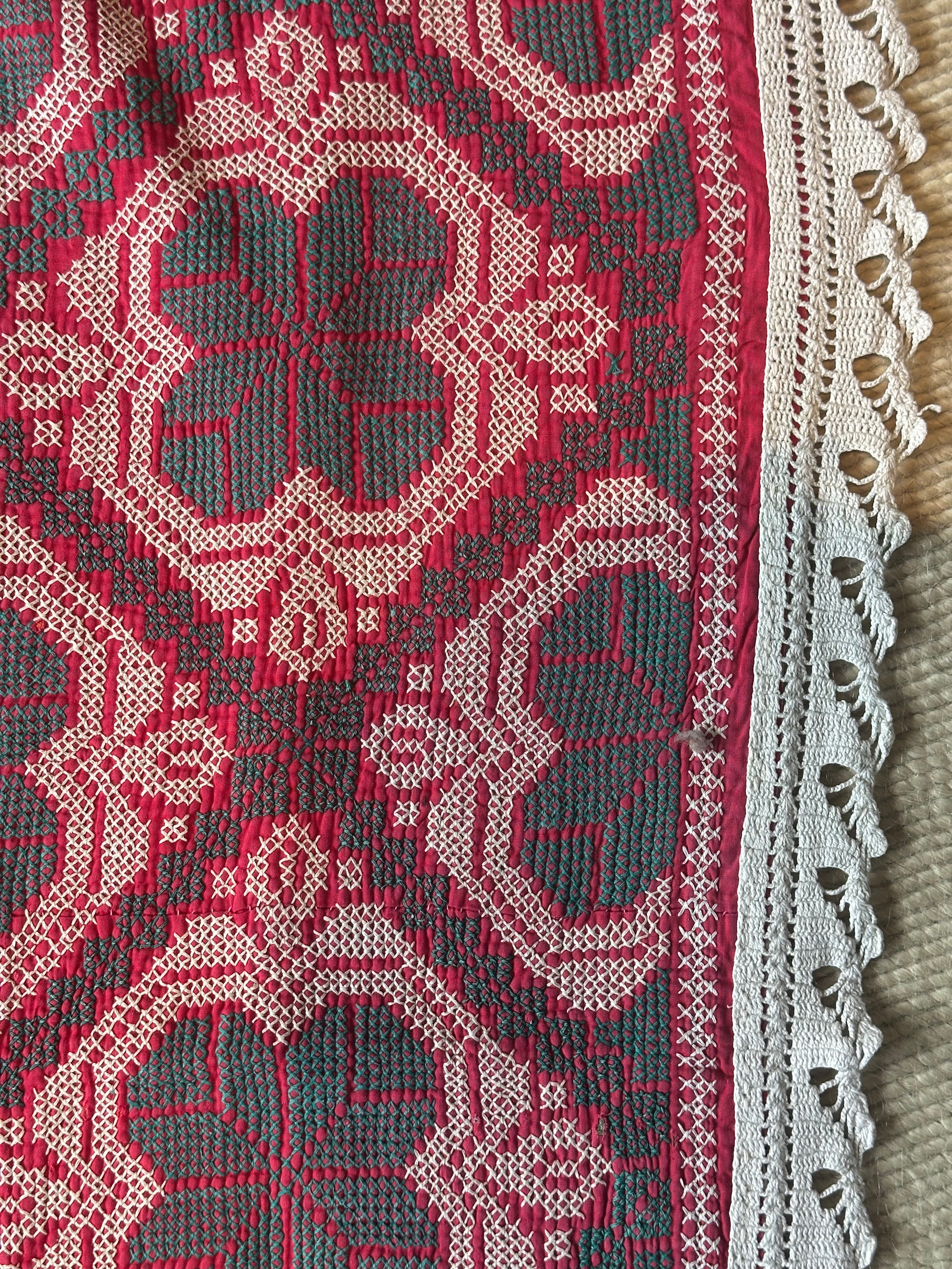 Green and Red Handmade Bengal Quilt with Lace Trim