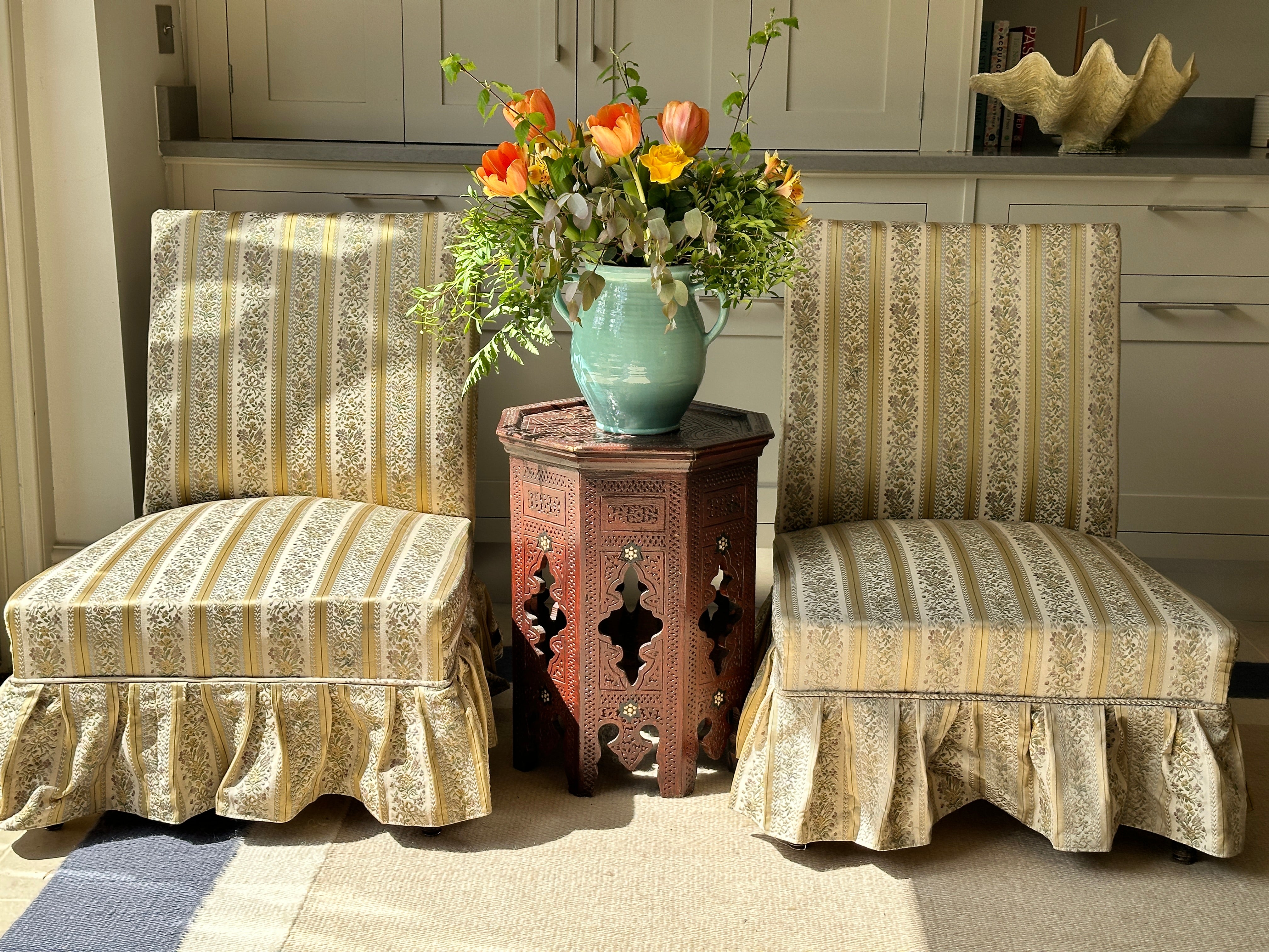 Pair of French Marquis Slipper Chairs in a Heritage Silk Fabric