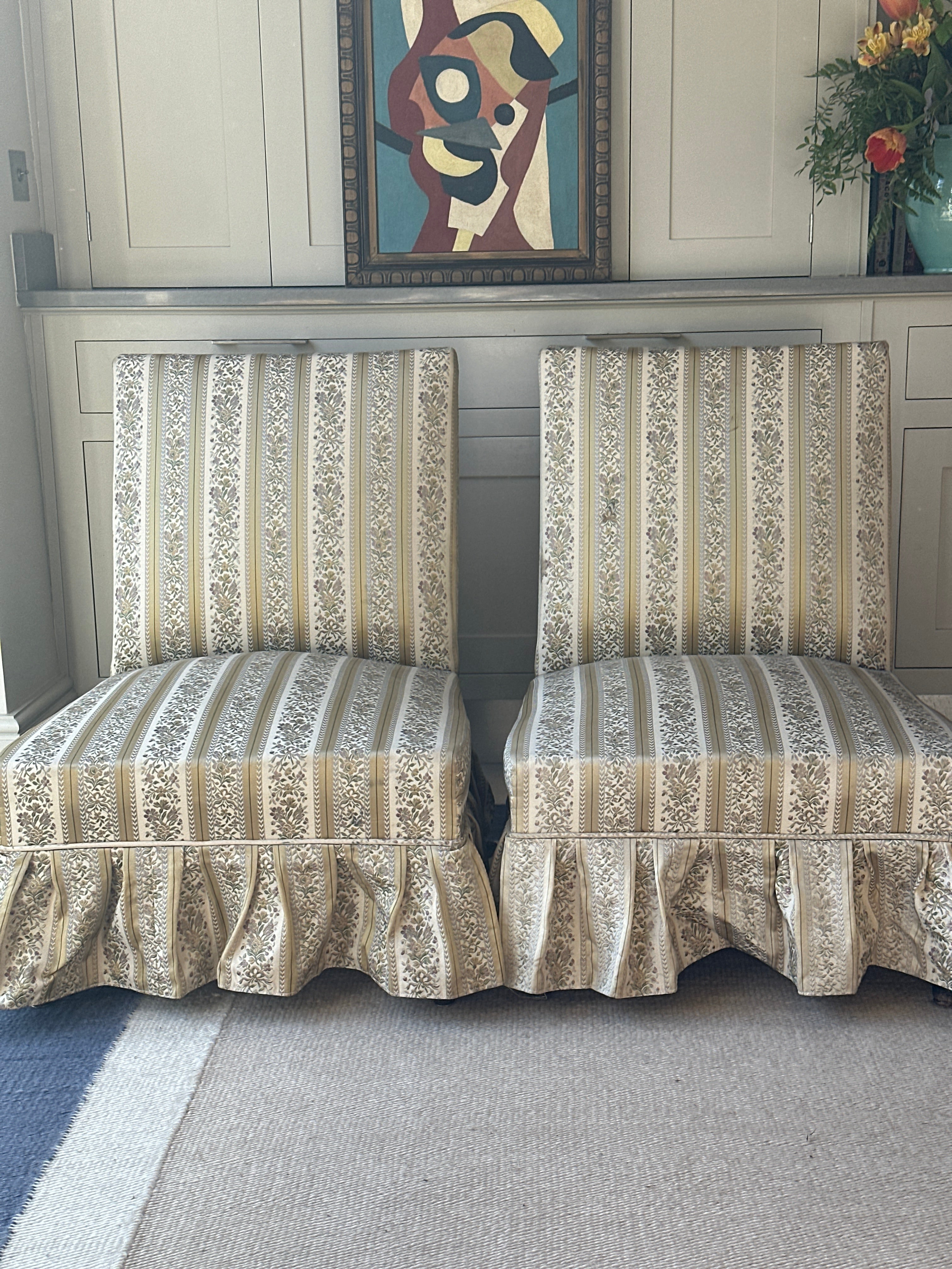 Pair of French Marquis Slipper Chairs in a Heritage Silk Fabric