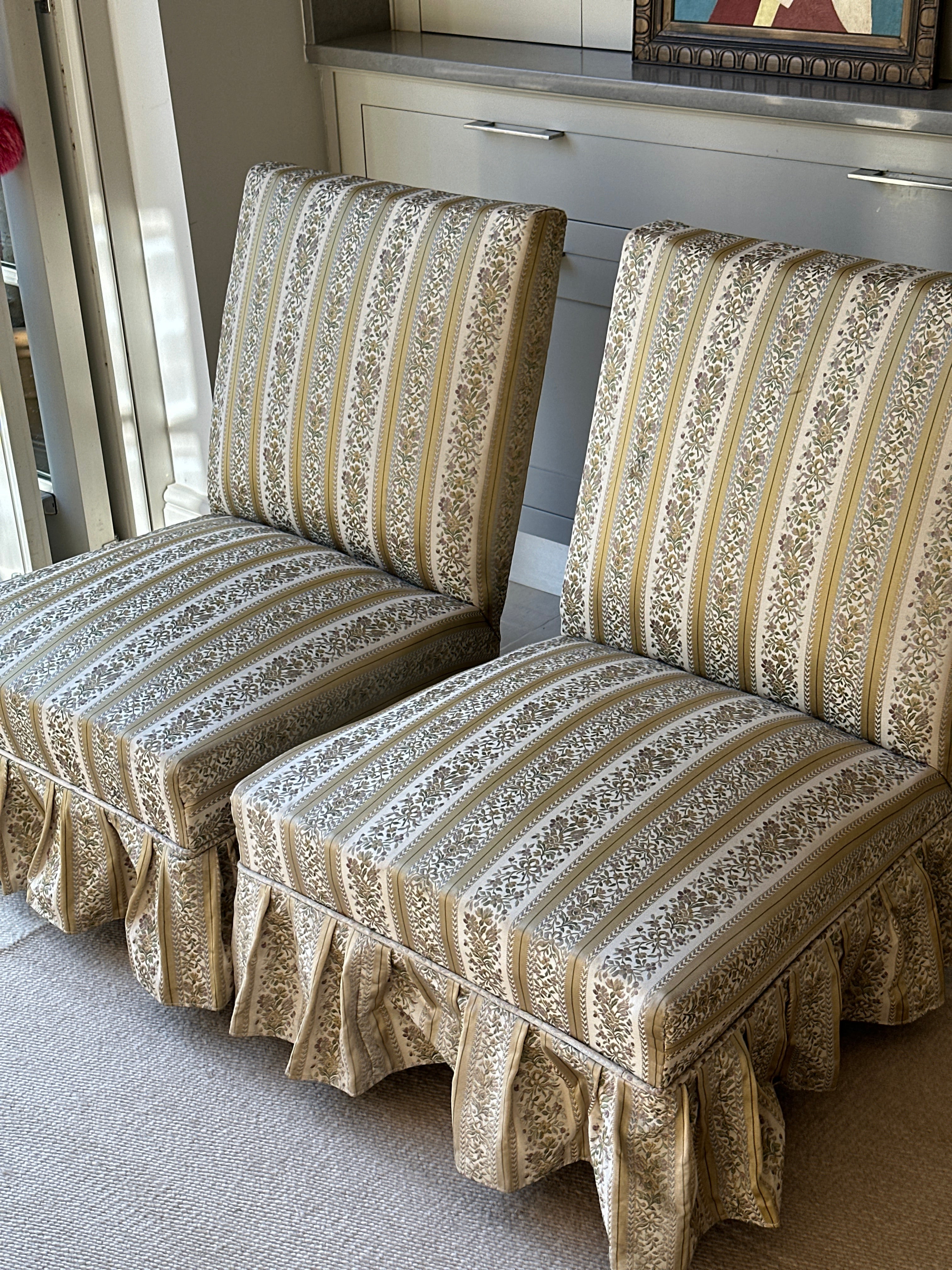 Pair of French Marquis Slipper Chairs in a Heritage Silk Fabric