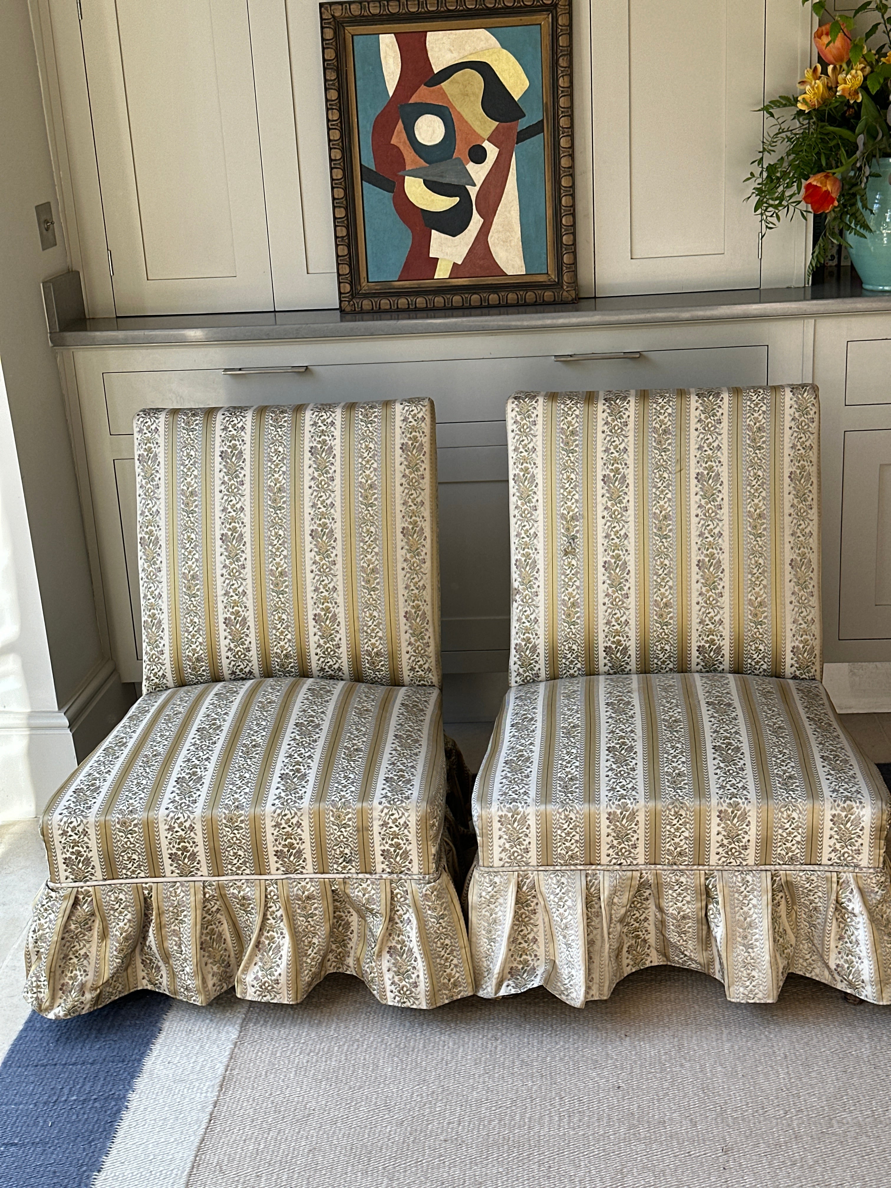 Pair of French Marquis Slipper Chairs in a Heritage Silk Fabric