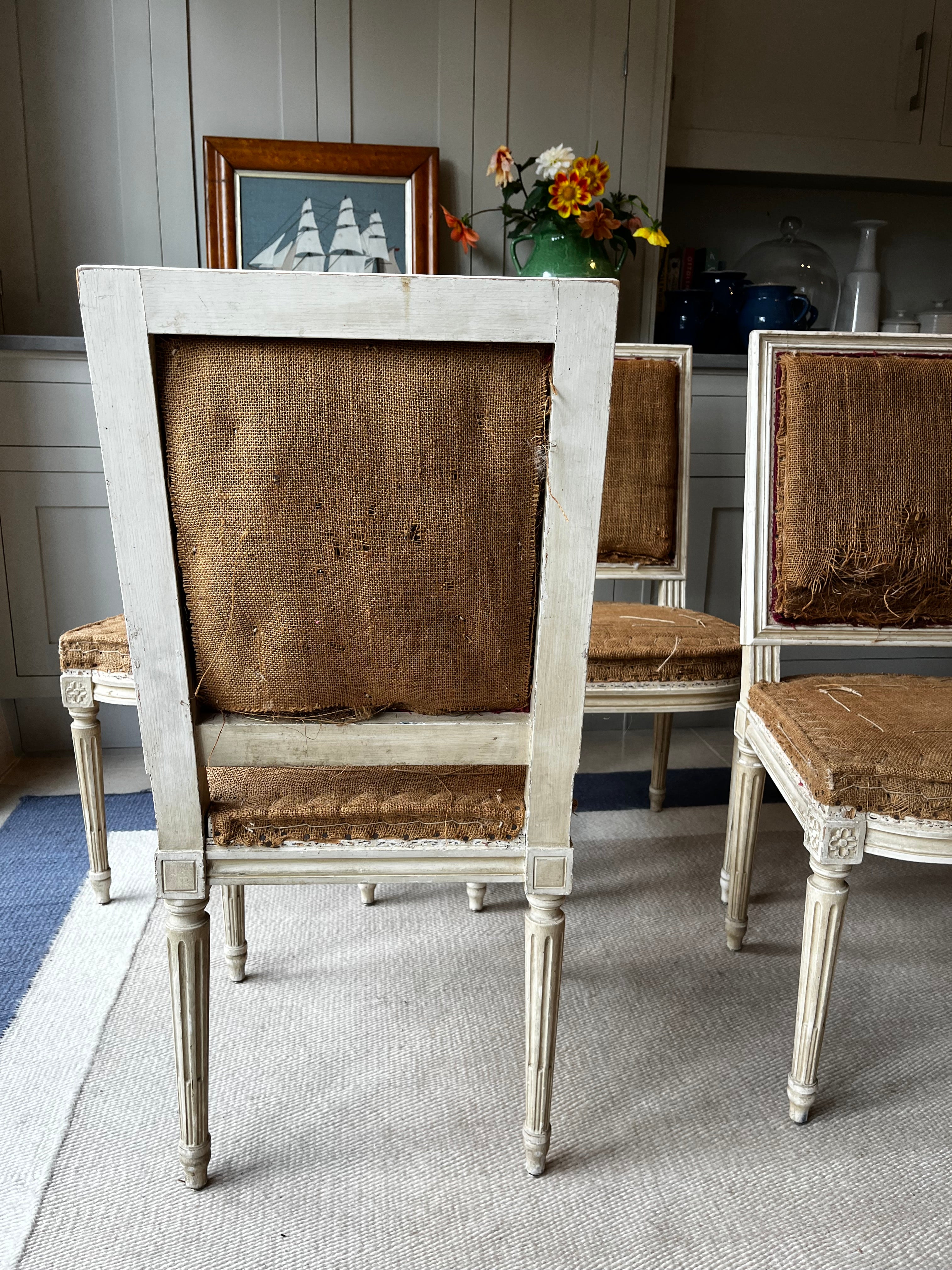 Set of Four French Chairs with Hessian Seats and Back