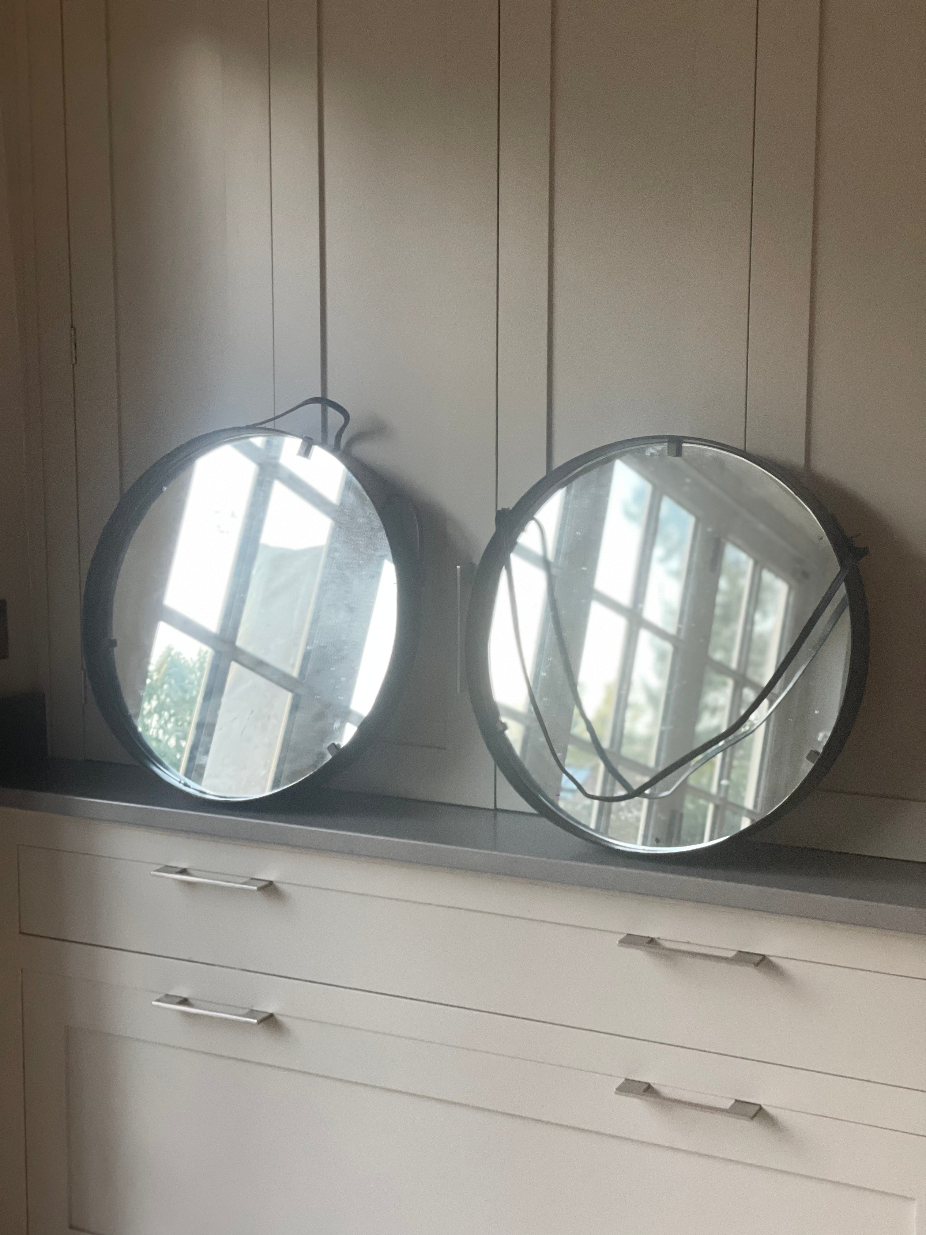 Pair of 1950s Italian Leather Round Mirrors