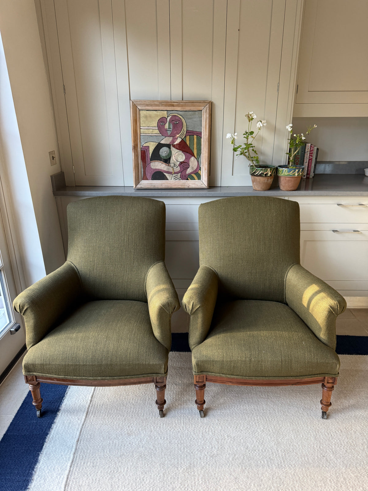 Pair of Napoleon III Armchairs in Heavy Green Linen by Rose Uniacke
