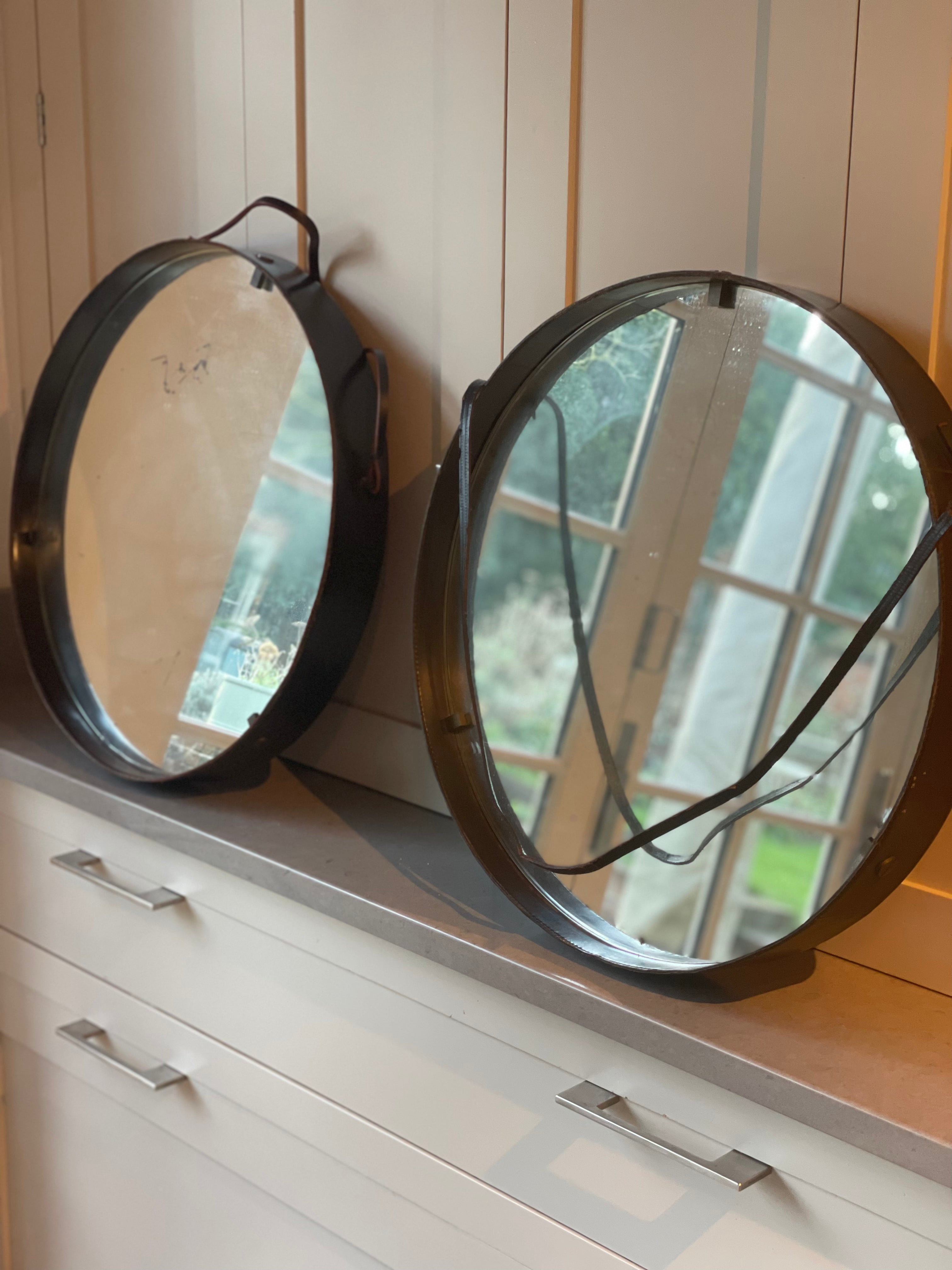 Pair of 1950s Italian Leather Round Mirrors