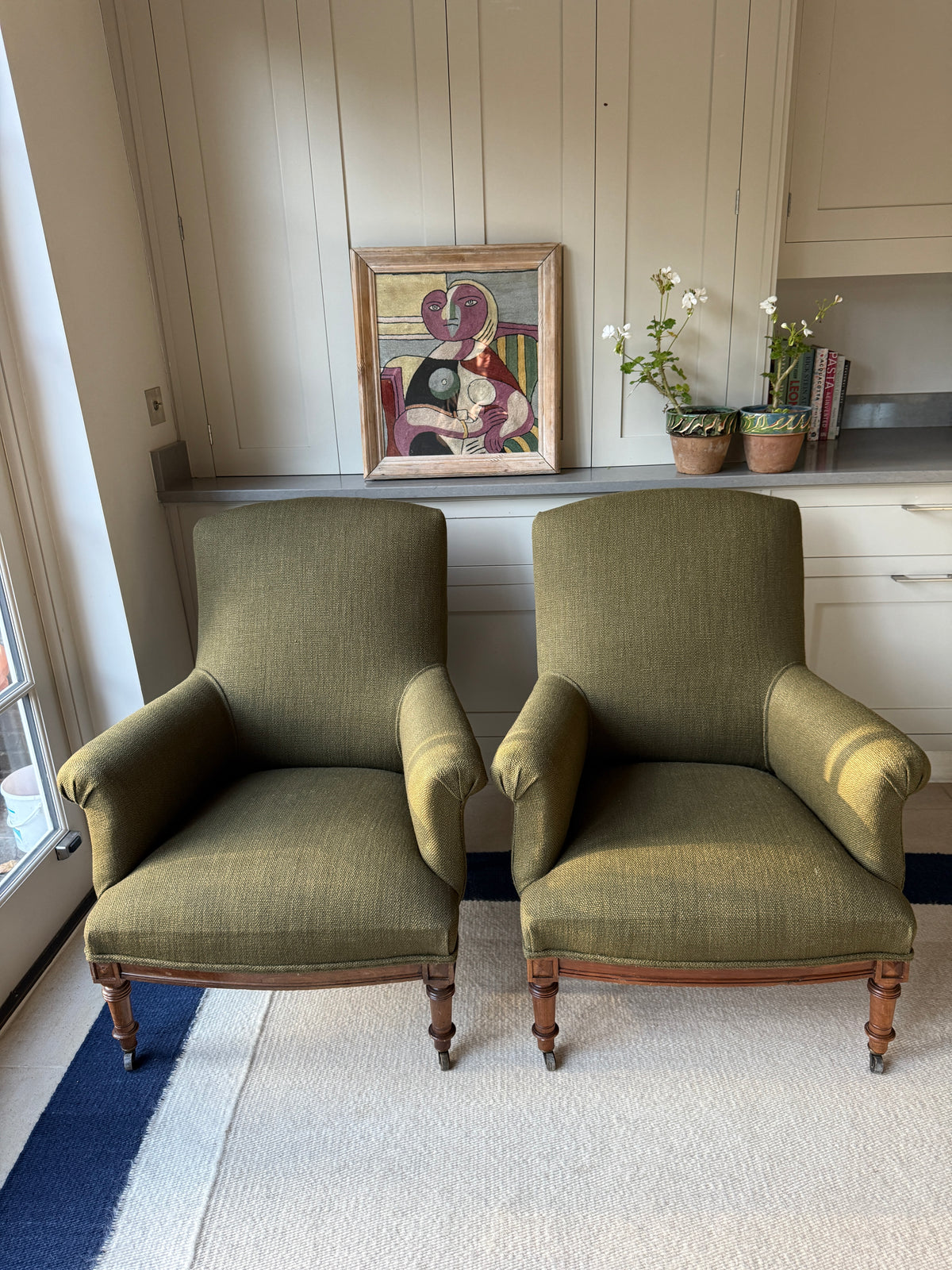 Pair of Napoleon III Armchairs in Heavy Green Linen by Rose Uniacke