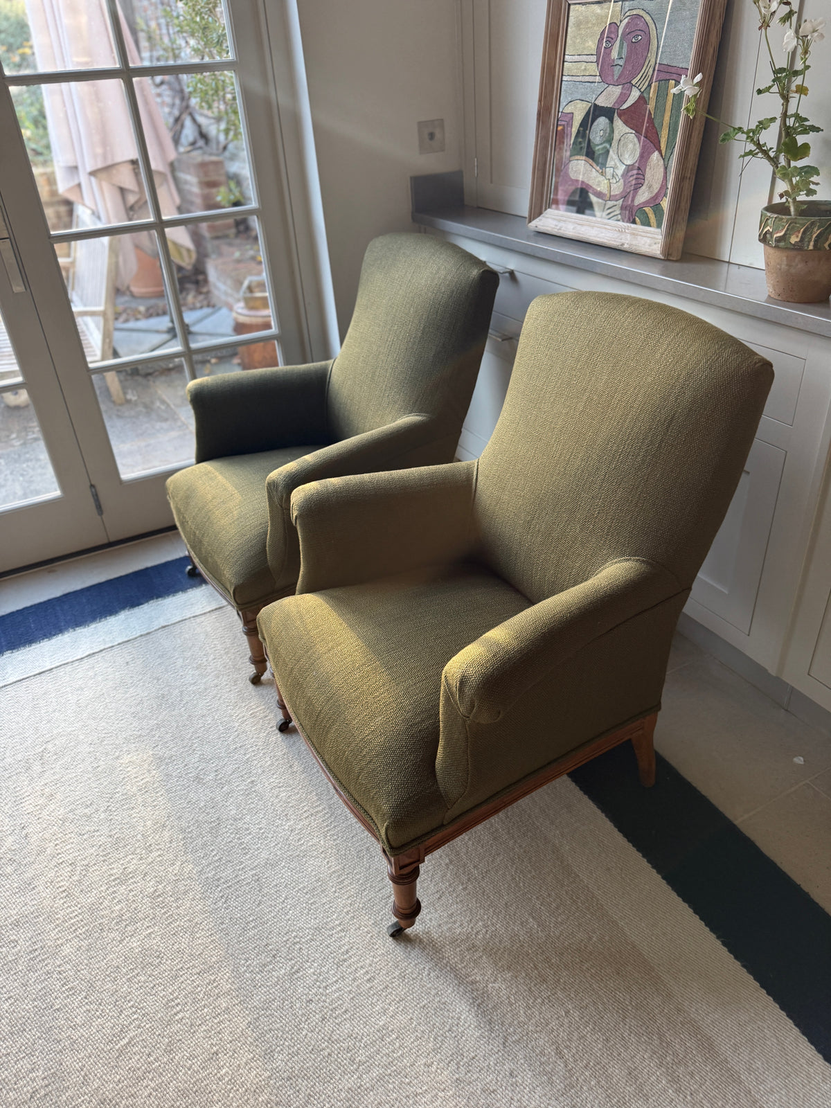Pair of Napoleon III Armchairs in Heavy Green Linen by Rose Uniacke
